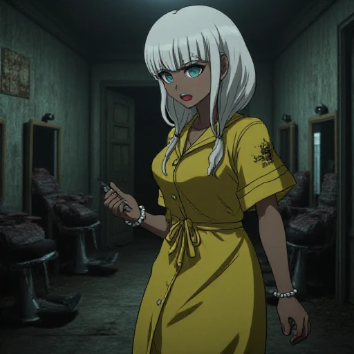 <lora:best_of_flux_v30_rank64_bf16-step01750:1>, best_of,  <lora:Angie_Yonaga_Flux:1>, This anime screencap is from Danganronpa the Animation. Angie Yonaga wearing her uniform from Danganronpa V3. She has tanned skin. Her platinum blond hair is pulled back into two loose, wavy ponytails. She's wearing a closed and buttoned yellow smock that reaches to her knees with her school's crest on her shoulders. The smock has loose sleeves  She has a white beaded bracelet on her left wrist. She explores the eerie, abandoned barbershop of Backrooms Level 84. The air is filled with the scent of old hair tonic and dust. She walks past rows of empty barber chairs, holding a glowing comb to light her way. The faded posters and the distant hum of an old razor cast eerie shadows on the worn tiles.