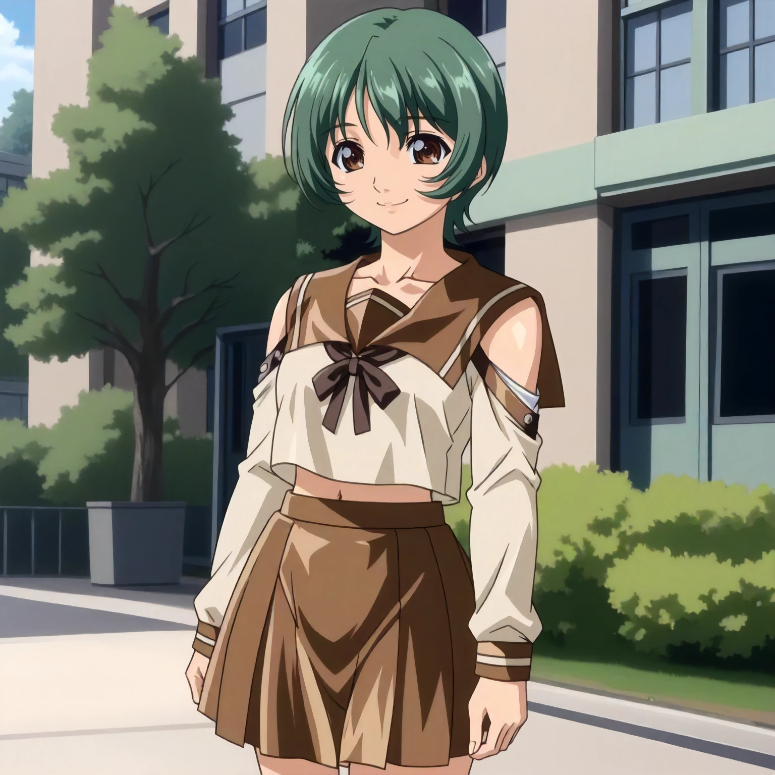 <lora:GSE_AkiXLpony002:0.9>,
outdoors,
smile,
solo,
Aki,1girl,green hair,short hair,brown eyes,
school_uniform,brown sailor collar,shoulder cutout,white shirt,long_sleeves,
navel,brown skirt,miniskirt,
standing,