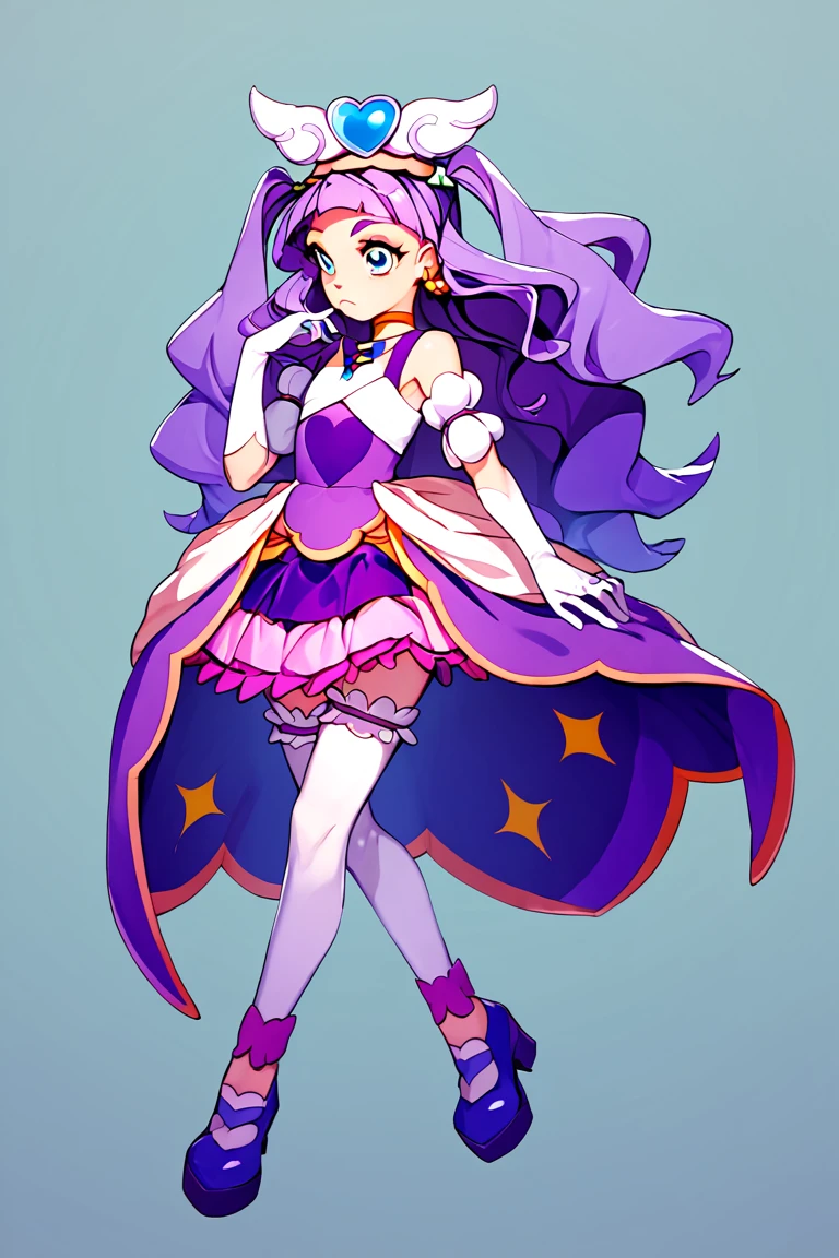 score_9, score_8_up, score_7_up, flat chested, curemajesty, 1girl, solo, purple hair, purple dress, gloves, long hair, dress, thighhighs, magical girl, white gloves, blue eyes, elbow gloves, jewelry, earrings, full body, white thighhighs, purple footwear, choker