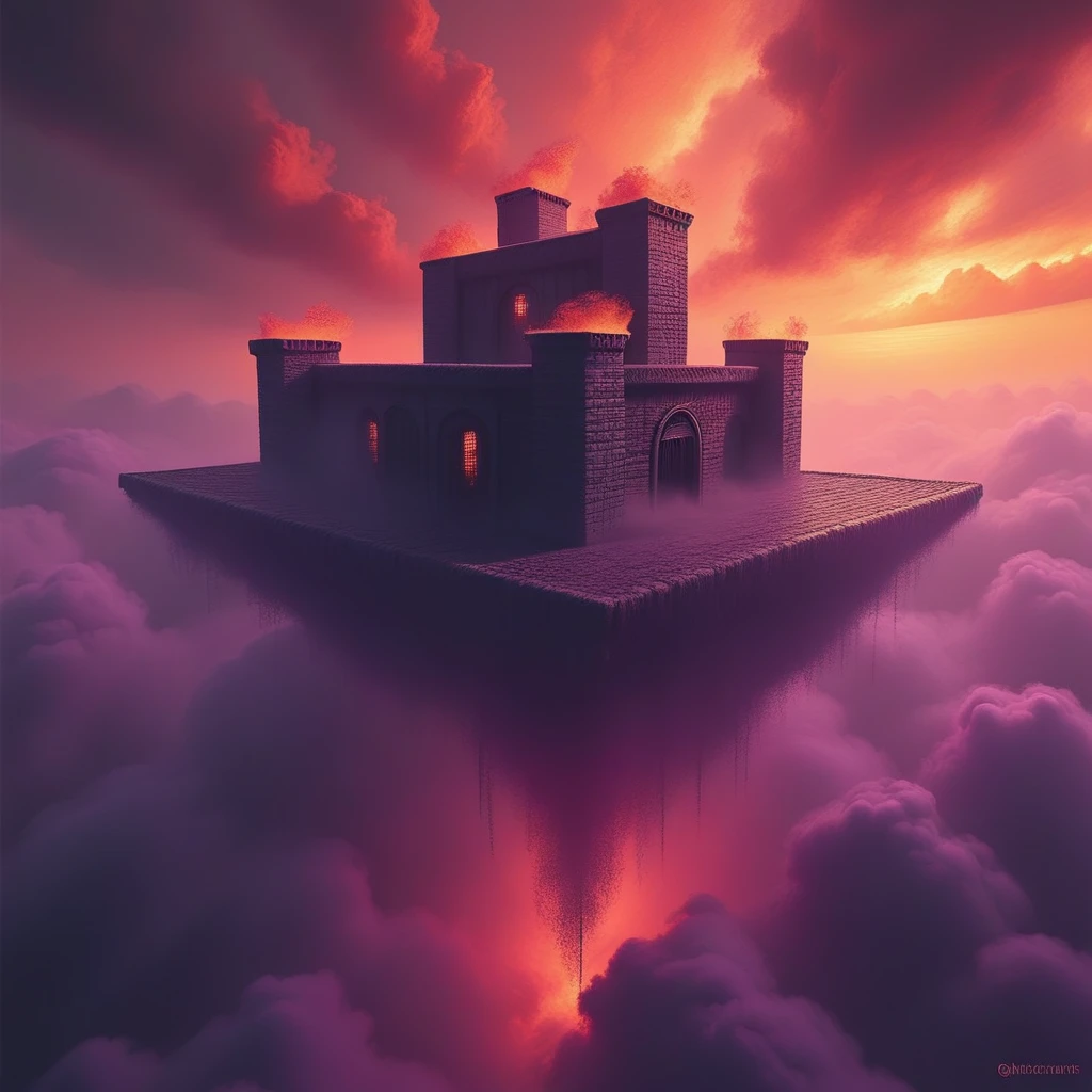 cpolldreamyfortress, cpolldfffitowd, floating fortress in the otherworld, otherworld, floating fortress, outdoor, orange sky, orange lightnings in sky, vivid purple mist, purple lightnings in vivid purple mist