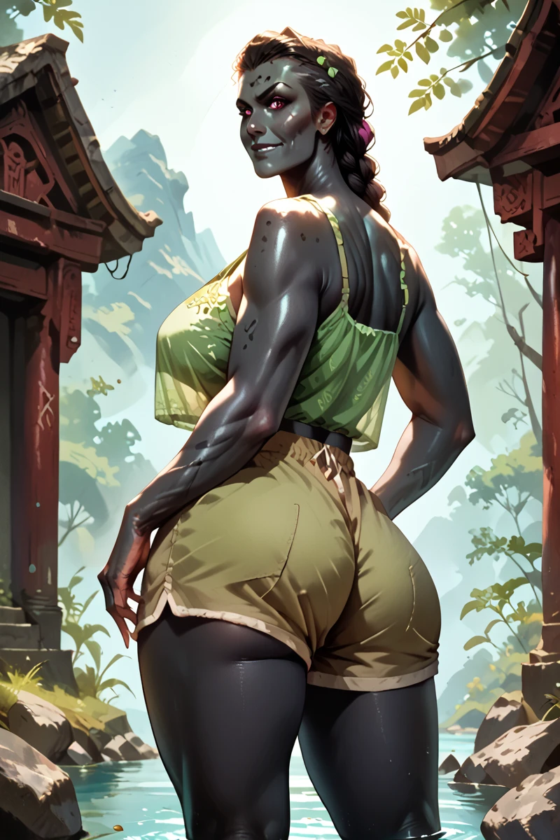 (pin up art of a huge tall woman, goliath, stone skin:1.4), 1girl, solo, lake fantasy shrine, best quality, view from below, ass focus, rating_questionable, score_9, score_8_up, score_8, score_9, score_8_up, score_7_up, score_6_up, embedding:zPDXL3, (beautiful milf giant wearing green woven blouse, shorts:1.2), athletic, strong, wide hips, thicc, (chubby:0.5), massive tits, (colored skin, black skin:1.2), braided hair, Posing as if throwing a ball:1.2), smirking expression, detailed magenta eyes