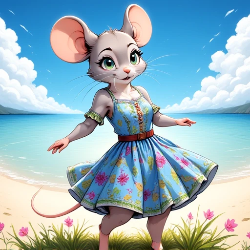 modern anime cartoon style, summer outfit on antrho mouse woman, wearing a colorful intricate summer dress, side view, dynamic pose, blue sky with many fractal clouds