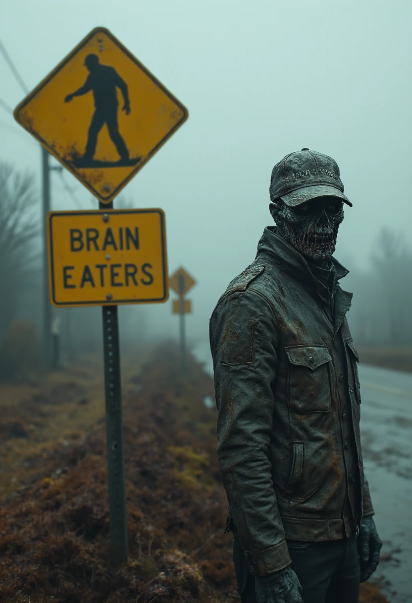 Brain Eaters. A zombie wearing a trucker hat that says "LOOK WHAT IM HAULIN'" stands next to a yellow street sign that reads "BRAIN EATERS" and depicts a silhouette of a walking zombie on the sign. Foggy atmosphere. roadside scene.