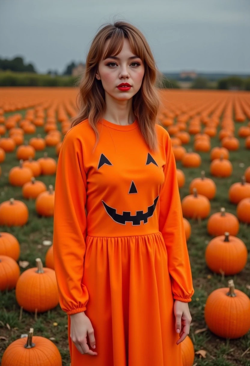 AmeshinBoo wearing red lipstick and a very very orange pumpkin jack-o-lantern dress, standing in a field with pumpkins