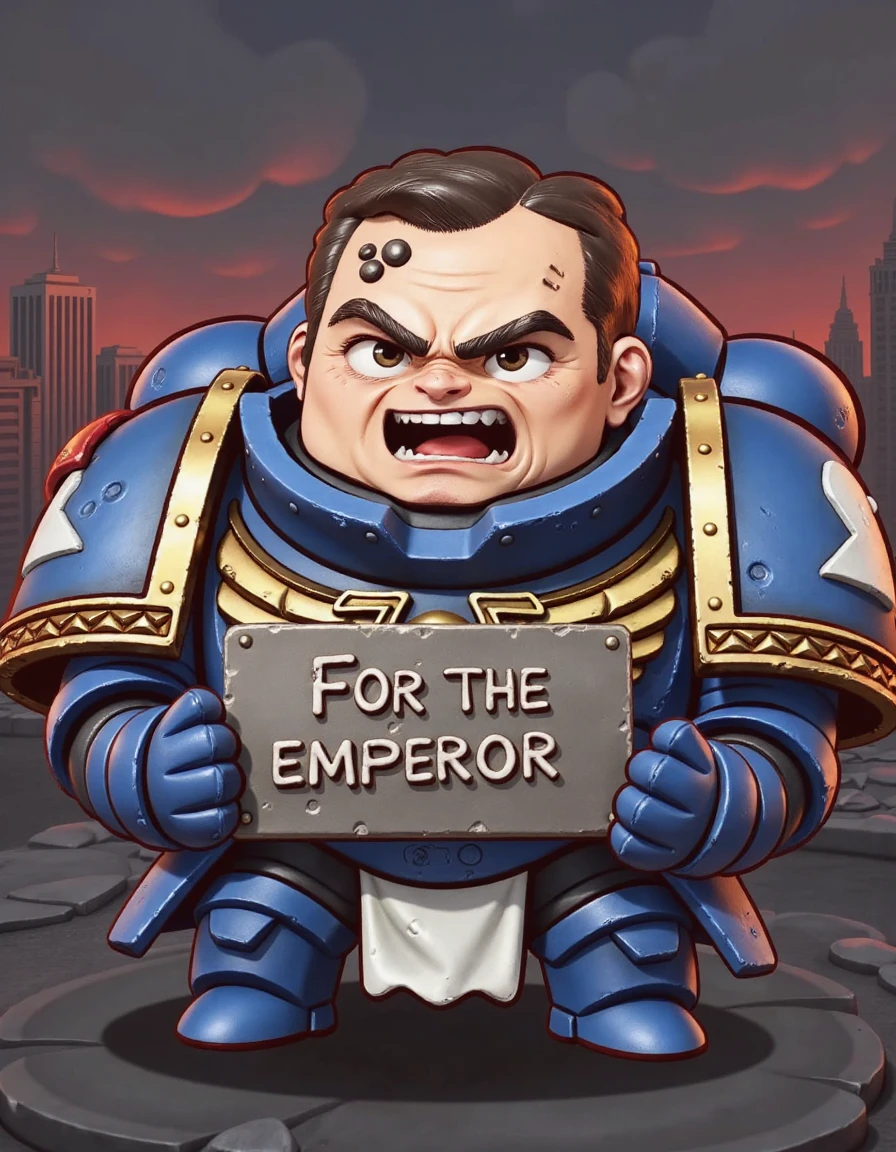 portrait of titus40k men wearing blue armor , solo, angry face, looking the viewer,  hold metal plate write:" FOR THE EMPEROR", background city destroyed apocalypse fx, <lora:Demetrian_Titus_-_Warhammer_40k-000021:0.8>      <lora:Ksbt:1> A vibrant chibi-style illustration anime styleâââ