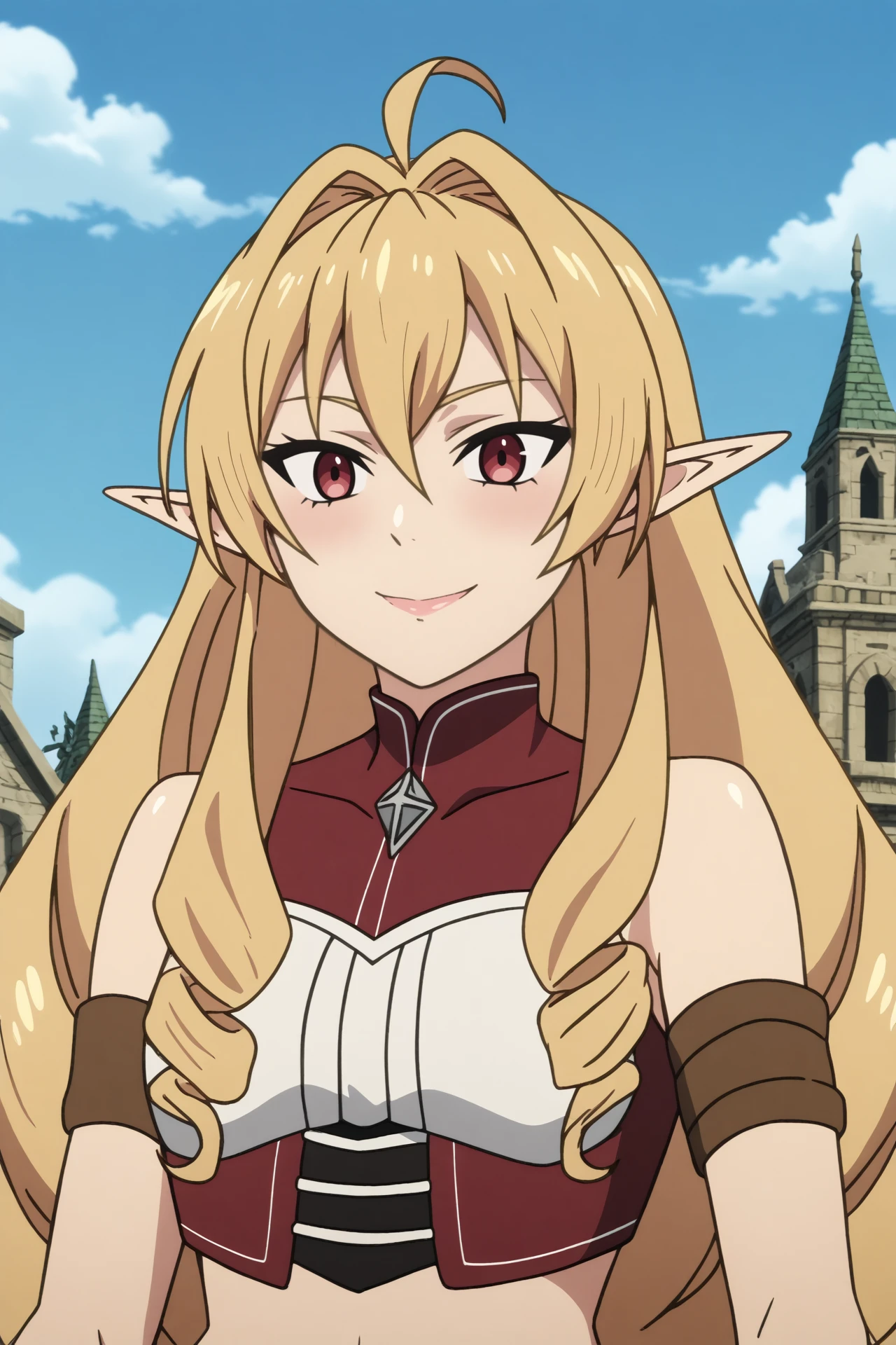 
elinalise dragonroad,1girl,solo,looking_at_viewer,long hair,pointy ears,ahoge,drill hair,navel,elf,bare shoulders,hair between eyes,smile
BREAK
outdoors,blue sky,sunshine,sun,old city,ruins




<lora:Elinalise_Dragonroad_-_Mushoku_Tensei.safetensors:0.8>