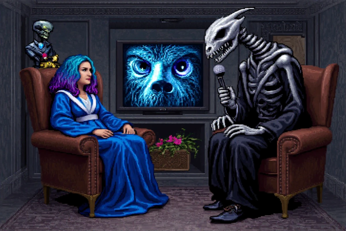 A television room,there is a camera in the corner. A woman in blue robes is sitting in a chair and is giving interview. She has two-tone blue and purple gradient hair. A giant skeleton drake is sitting on the other side with microphone in his hand. He is dressed in black suit.   <lora:FLUX\FLUX.1-Turbo-Alpha\FLUX.1-Turbo-Alpha.safetensors:1>  <lora:MyTrainings\Test\Eye_of_Beholder_F1D_ARZUMATA.safetensors:1.3>