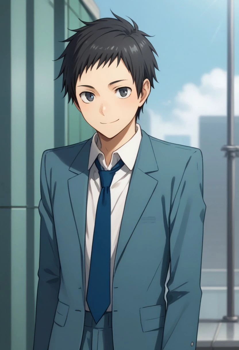 score_9, score_8_up, score_7_up, source_anime, highly detailed, 
mika, 1boy, male focus, solo, black hair, black eyes, school uniform, shirt, white shirt, collared shirt, necktie, blue necktie, jacket, blue jacket, blue pants, smile
outdoor,