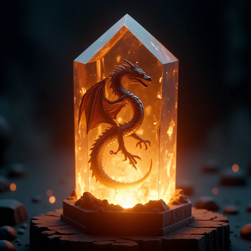 professional 3d model <lora:lora.TA_trained:1>A large, glowing crystal stands upright, its sharp and angular surface glowing with a fiery amber light. Inside the crystal, a highly detailed dragon is fully encased, as though trapped and frozen in time. The dragonâs body is coiled tightly within the crystal, its intricate scales, sharp claws, and powerful wings all perfectly visible through the transparent surface. The dragon's glowing eyes are still fierce, though immobilized, giving the impression of immense power trapped within the crystal. The crystalâs transparency allows a clear view of every inch of the dragon, with light refracting through both the crystal and the dragonâs features. The crystal's surface is smooth, with tiny fractures and glowing veins that spread through it, making it appear as if the dragon is part of the crystal itself. The atmosphere around the crystal is dark and mystical, with soft light illuminating the scene to emphasize the magical nature of the trapped dragon. . octane render, highly detailed, volumetric, dramatic lighting