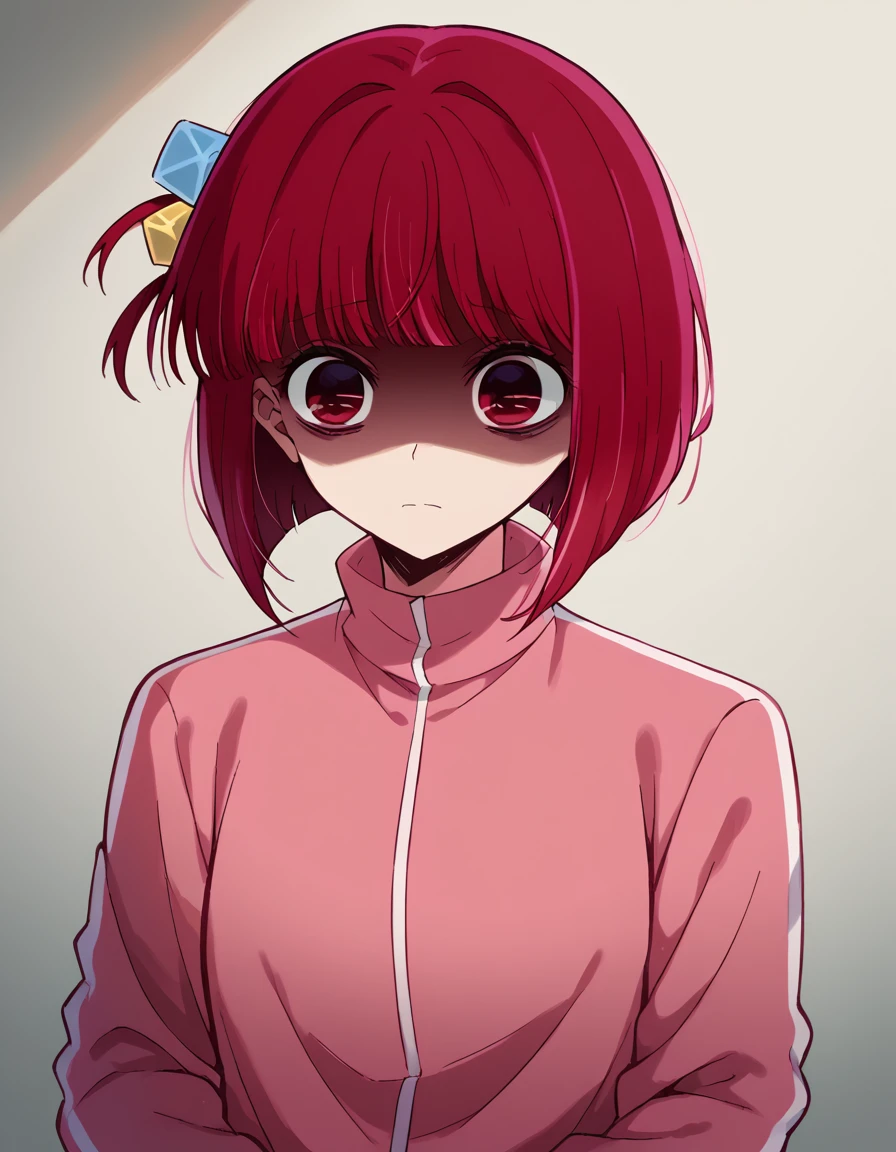 score_9, score_8_up, score_7_up, source_anime, kanaarima, <lora:kana-arima-s1-ponyxl-lora-nochekaiser:1>, kana arima, short hair, bangs, red eyes, red hair, bob cut,, <lora:gotoh-hitori-cosplay-ponyxl-lora-nochekaiser:1>, gotoh hitori cosplay, gotoh hitori (cosplay), pink track suit, cube hair ornament, pink jacket, track jacket, cosplay, skirt, black skirt, pleated skirt,, shaded face, averting eyes,, cowboy shot,