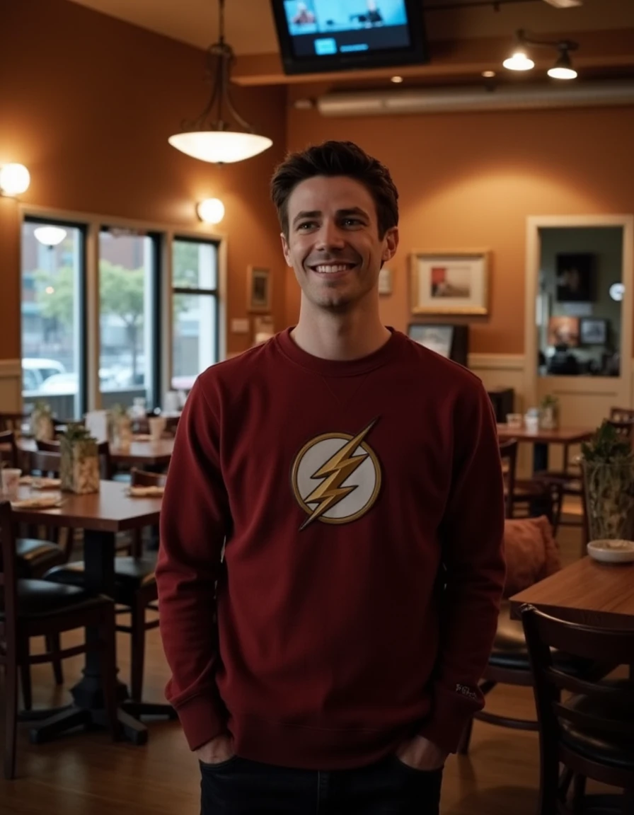 <lora:The_Flash_Flux:1> This is an image of Barry Allen wearing a sweatshirt, standing in a cafe, looking at the viewer, smile