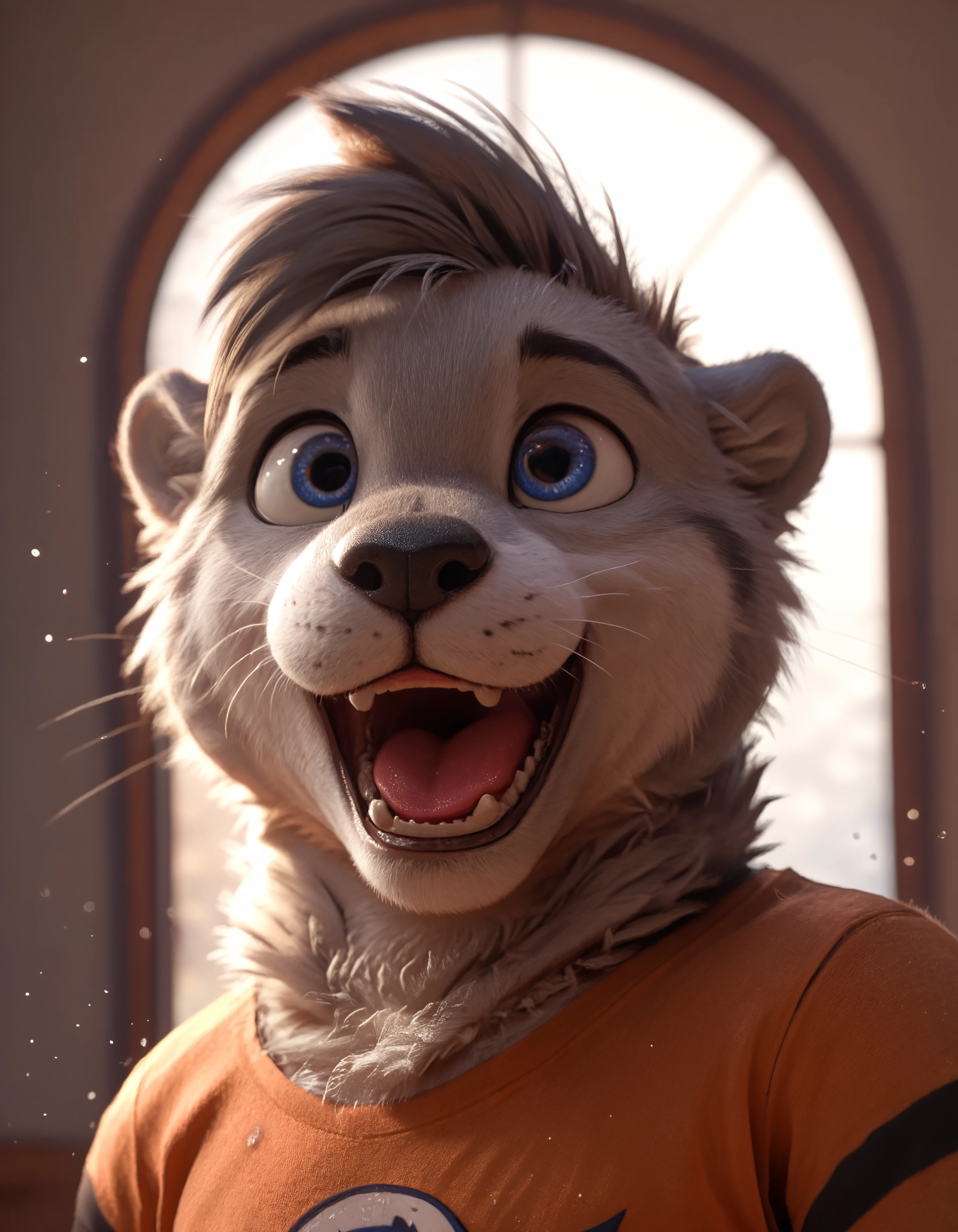 score_9, score_8_up, score_7_up, BREAK rating_safe, detailed, cinematic lighting, hdr, particles, masterpiece, best quality, ultra realistic, 4k, 2k, film photography, RAW photo, photorealistic, analog style, subsurface scattering, photorealism, fluffy fur, detailed fur, <lora:add-detail-xl:3.0>, <lora:2.5DRealisticV2.safetensors:0.25>, <lora:sinfully_stylish_SDXL.safetensors:1.0>, <lora:AdvancedEnhancerXLv2.safetensors:1.0>, dutch angle, (detailed background:1.1), <lora:olive_xylious-10.safetensors:1.0> olive_xylious, anthro, male, solo, male focus, 1boy, clothing, orange shirt, furry, furry male, otter, fur, tail, hi res, blue eyes, :3, bull face, close up yawning, black stripes