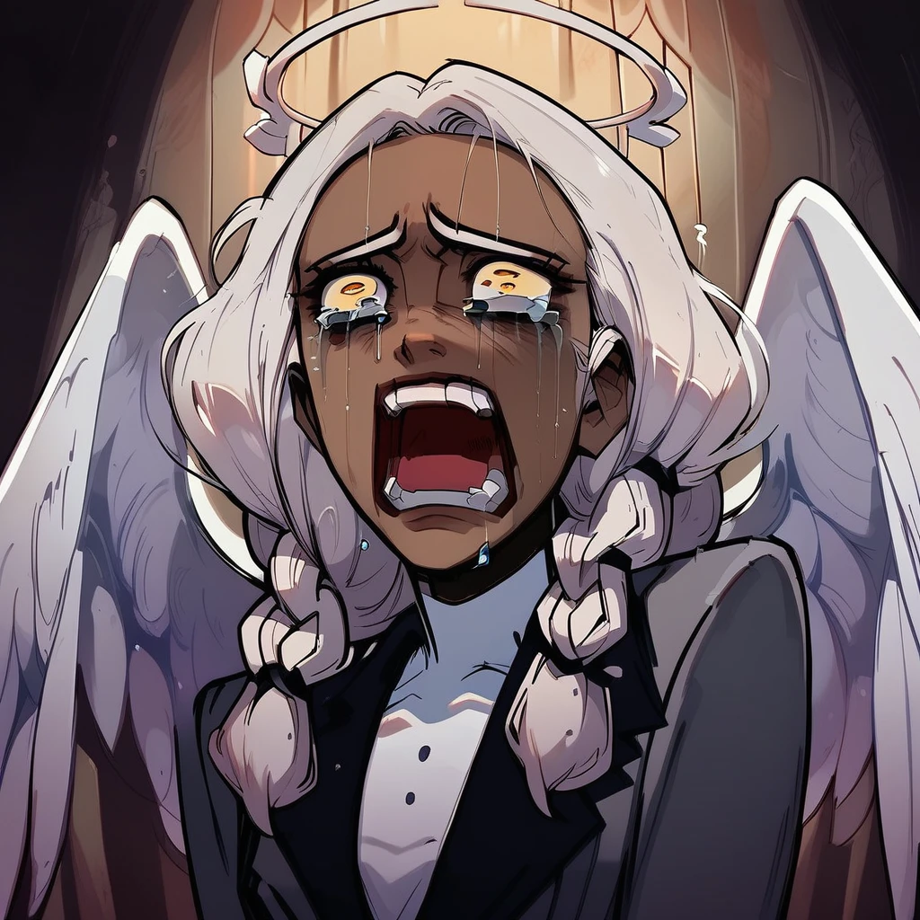 score_9, score_8_up, score_7_up, <lora:Angelgoober1:1> Angelgoober1, Angel, angel girl, dark skin, dark skinned female, white hair, twin braids, angel wings, feathered wings, suit, grey suit, yellow eyes, expressive, exaggerated expression, expressive goober, open mouth, screaming, angry, crying with eyes open