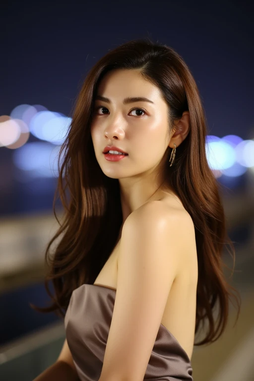 (medium full shot), beautiful korean woman with natural makeup, natural lips, wavy hair, wearing strapless tube dress, city at night background, natural lighting, dslr, soft lighting, high quality, film grain, light reflections, blood vessels, pale skin, skin pores, blood vessels in sclera, detailed skin, realistic skin, skin fuzz, bokeh, (no watermark).  <lora:Tissue_Nana_Flux_v1.1-LowRep:1>