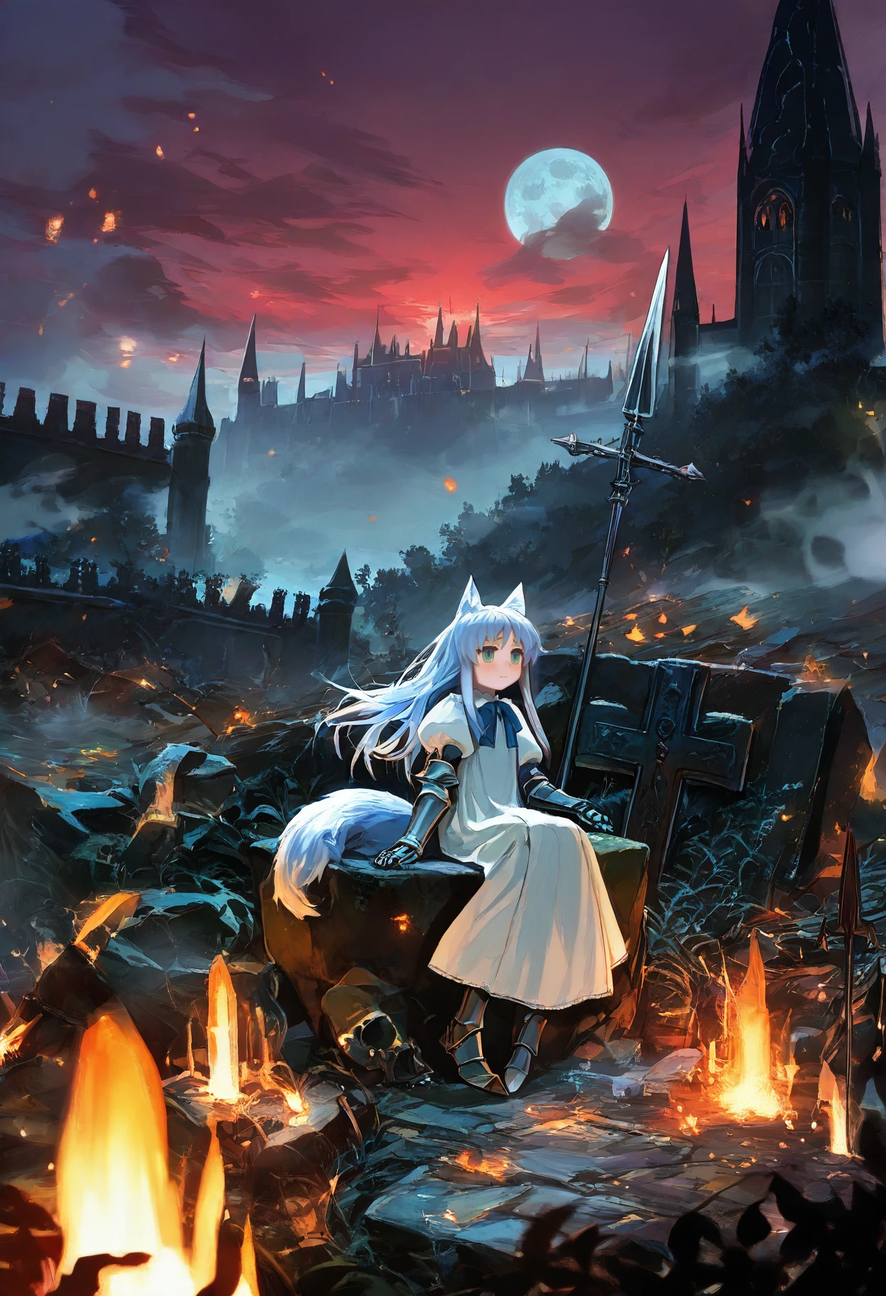 score_9, score_8_up, score_7_up,score_6_up, ciloranko, source_anime, rating_safe, Dark-Souls, solo, 1girl, long-dress, white-dress, blue-hair, leggings, elbow-gloves, medium-breasts, hair-tubes, castle-town, skyline, armored-boots, gauntlets, leggings, long-hair, fog, misty-horizon, wolf-tail, wolf-ears, full-moon, windy, cemetery, cross-symbol, sitting-on-rock, planted-spear,