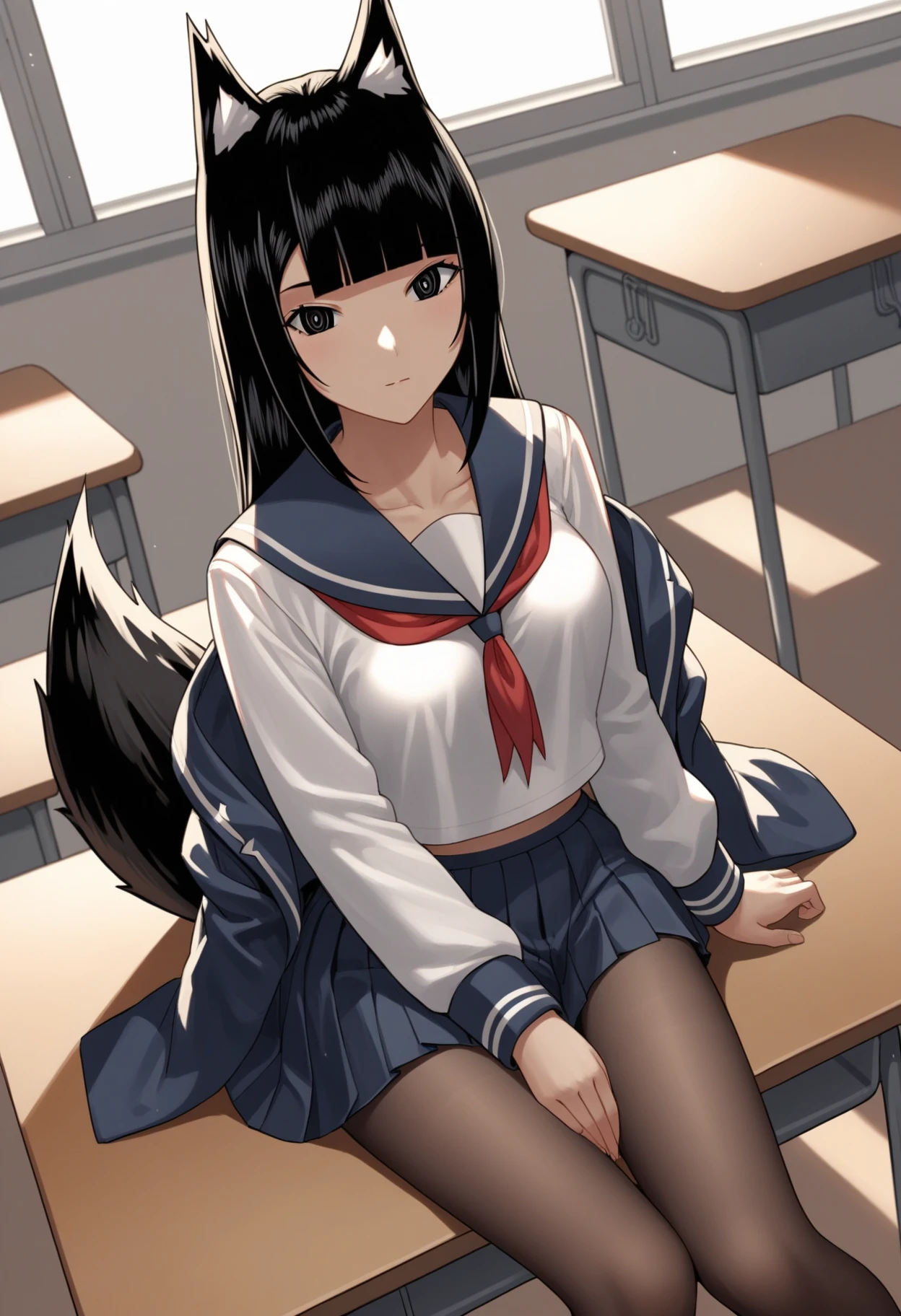 score_9, score_8_up, score_7_up, source_anime, rating_explicit,
BREAK
1girl, solo, 
<lora:shiBelialV1:1>, 
shiBelialADRIAN, 
black hair, black eyes, 
long hair, fox ears, blunt bangs, fox tail, medium breasts, 
school uniform, collarbone, jacket, sailor collar, pleated skirt, pantyhose, 
looking at viewer, sitting, school desk,