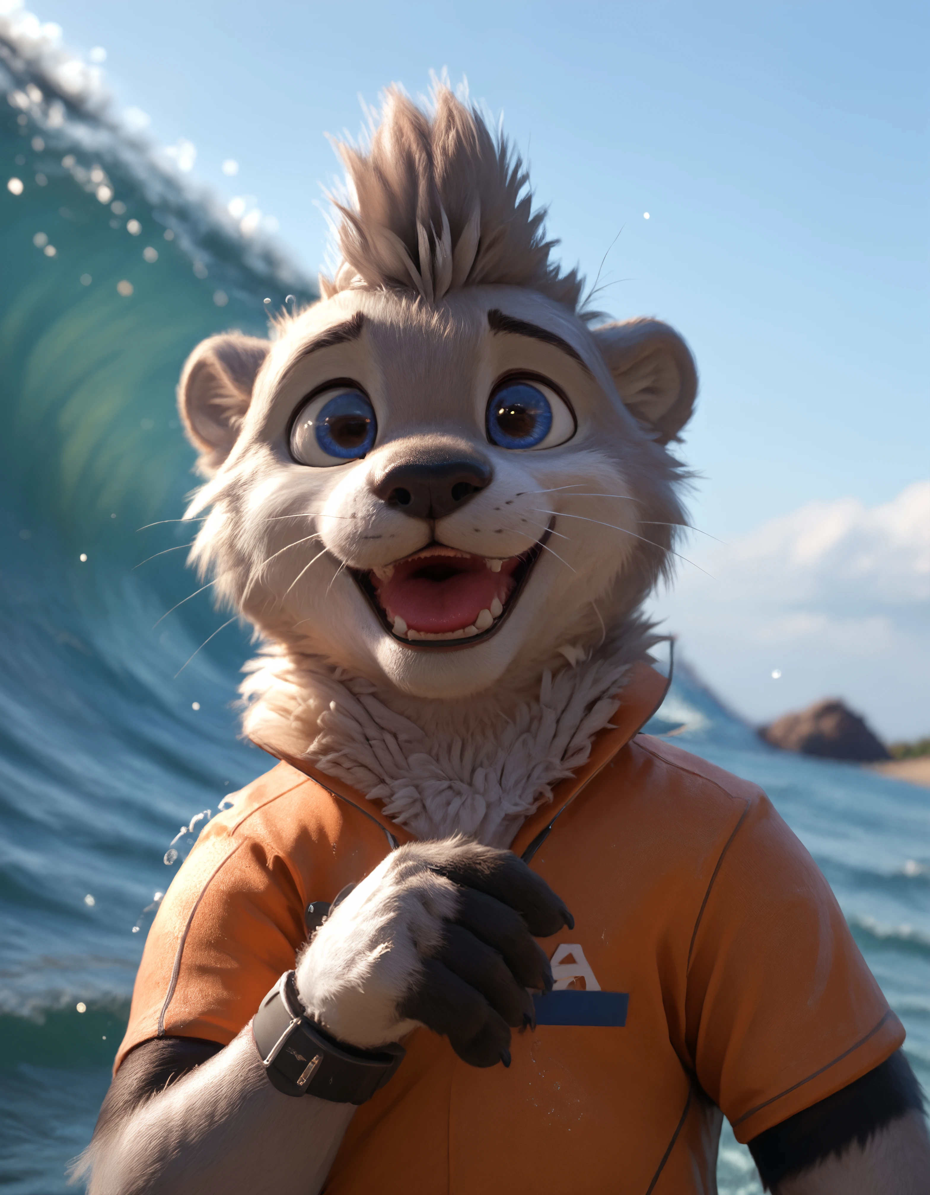 score_9, score_8_up, score_7_up, BREAK rating_safe, detailed, cinematic lighting, hdr, particles, masterpiece, best quality, ultra realistic, 4k, 2k, film photography, RAW photo, photorealistic, analog style, subsurface scattering, photorealism, fluffy fur, detailed fur, <lora:add-detail-xl:3.0>, <lora:2.5DRealisticV2.safetensors:0.25>, <lora:sinfully_stylish_SDXL.safetensors:1.0>, <lora:AdvancedEnhancerXLv2.safetensors:1.0>, dutch angle, (detailed background:1.1), <lora:olive_xylious-10.safetensors:1.0> olive_xylious, anthro, male, solo, male focus, 1boy, clothing, orange shirt, furry, furry male, otter, fur, tail, hi res, blue eyes, :3, upper body, close up, looking at viewer, hand greeting, pawpads, palm forward, wave, hand up yawning, black stripes