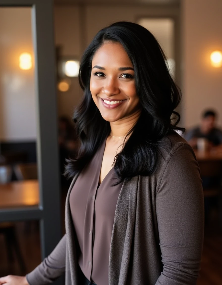 <lora:Iris_West_Flux:1> This is an image of a women, wearing a cardigan, blouse, black hair cascading over her shoulders, standing in a cafe, smiling