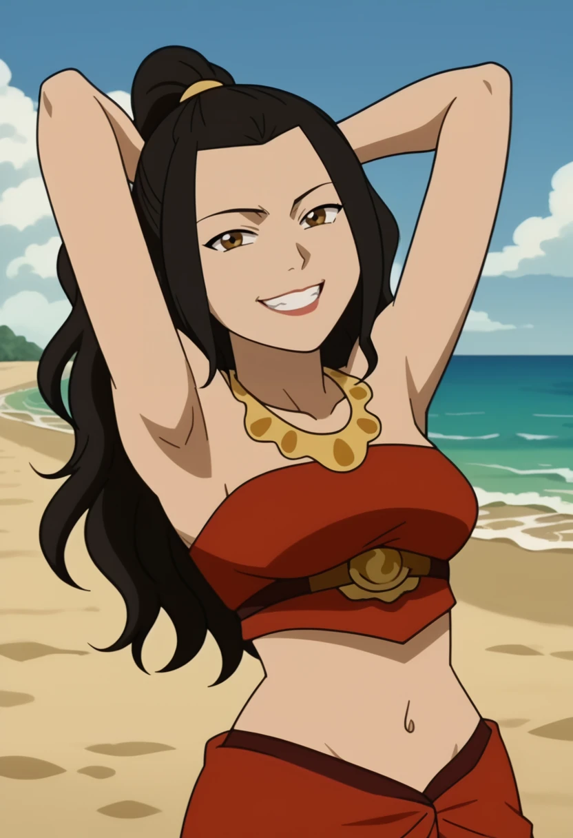 score_4_up, beach, anime screencap, anime coloring, source_anime, <lora:Azula_Wavy_Hair:0.8>, azul4, 1girl, solo, black hair, bare shoulders, necklace,  brown eyes, ponytail, wavy hair, long hair, armlet, crop top, sarong, midriff, sandals, toeless footwear,  long skirt,  sleeveless BREAK looking at viewer, portrait, smile, teeth, head tilt, arms behind head, from below, sexy pose