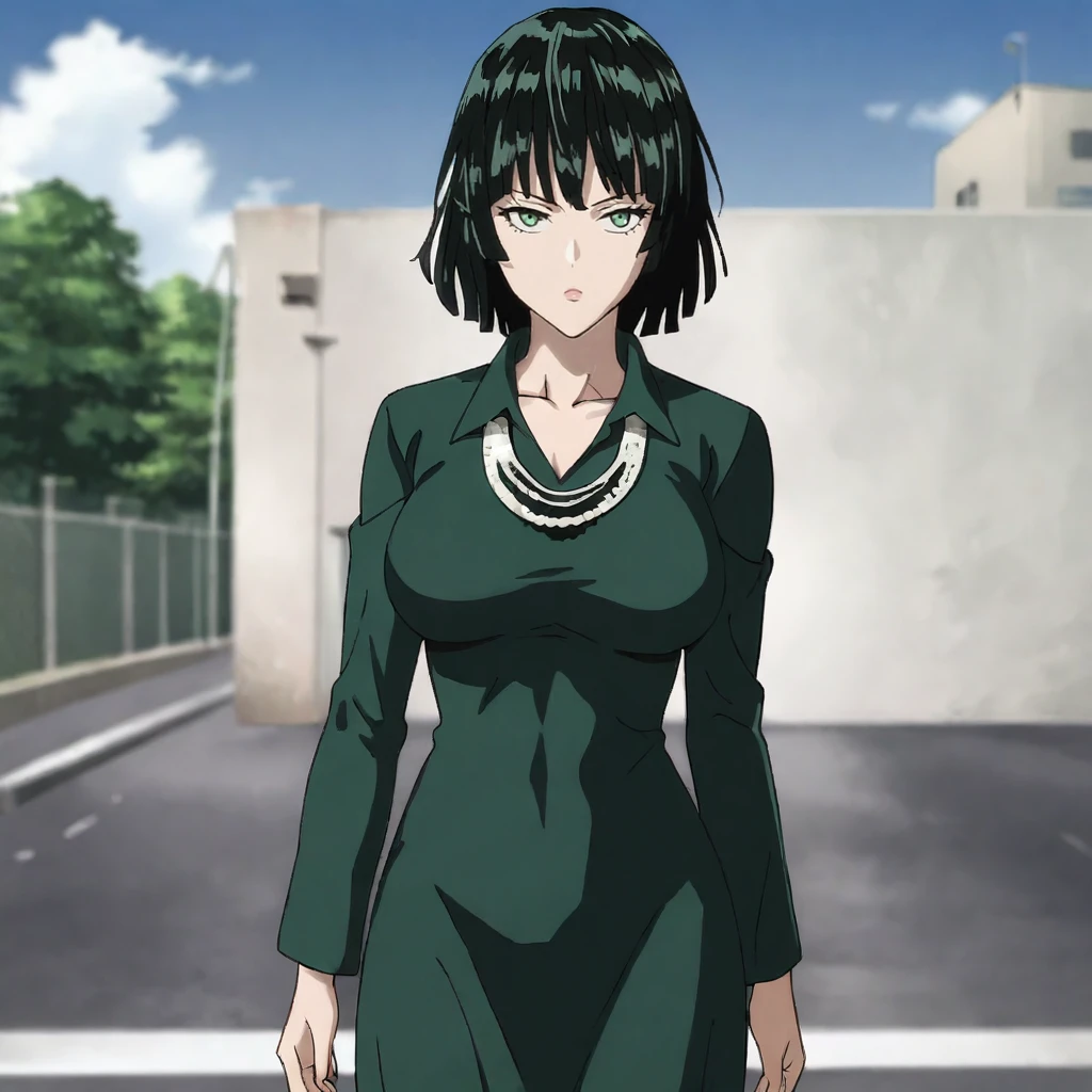 <lora:Fubuki_pony_v1:.8> Fubuki, 1girl, fubuki (one-punch man), green dress, black hair, short hair, large breasts, green eyes, bangs, long sleeves, necklace, jewelry, collarbone, collared dress, cowboy shot