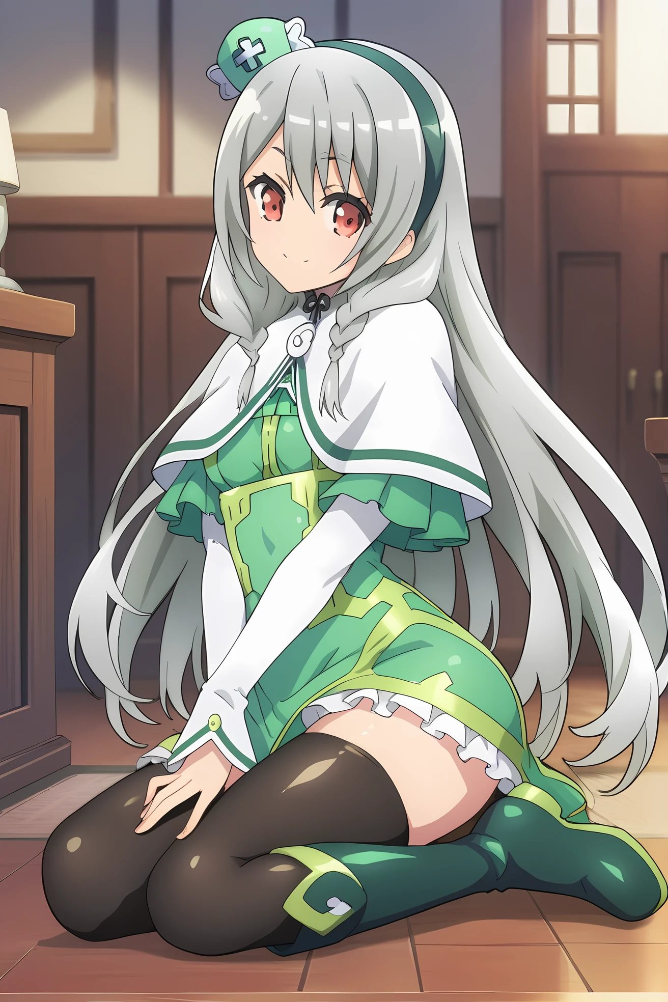 (green dress white capelet green headdress black thighhighs green boots:1.40), ig-maidena, grey hair, red eyes, 1girl, solo, skinny, score_9, score_8_up, score_8, score_7_up, score_7, score_6_up, score_6, score_5_up, score_5, source_anime, (happy:1.10), indoors, (:1.20), (:1.20), feet, <lora:ig-maidena-V01-000003:1.00> medium breasts, long hair, single braid