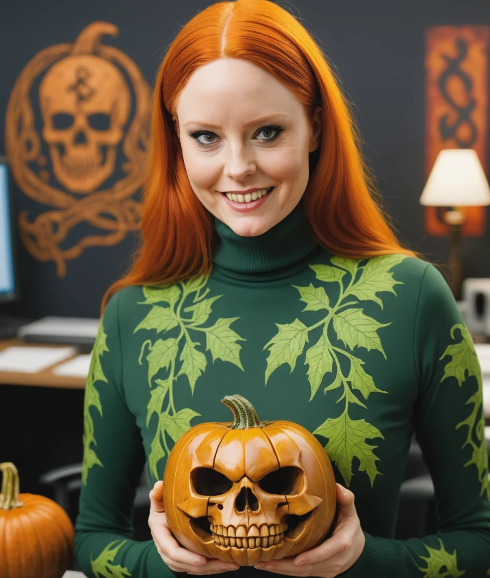 a professional absurdres sharp focus intricately detailed full torso photograph of Barbara_Meier,
She's wearing a turtleneck and a poison ivy costume and trying to invoke magick in a crowded office with a mischievous grin, putting a pumpkin onto the head of a coworker,
holding a fiery rune-carved skull carved with ancient runes that glow with intense heat. The background is dark and epic, The overall tone is intense, dark fantasy,  but with slivers of whimsy throughout,
 <lora:Barbara_Meier-SDXL10:1>