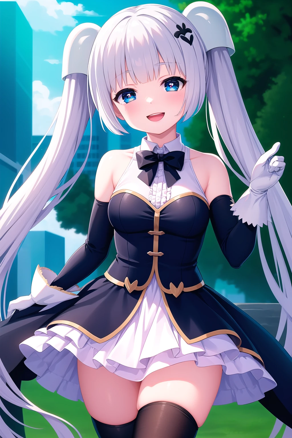 (masterpiece, best quality), highly detailed background, perfect lightingbest quality, missmonochrome, solo, outdoors, magical girl, white hair, twintails, white hairpods, heart hair ornament, blunt bangs, sidelocks, very long hair, blue eyes, star-shaped pupils, medium breasts, black bowtie, white bowtie, bridal gauntlets, black dress, layered dress, frilled dress, sleeveless dress, short dress, long sleeves, bare shoulders, black thighhighs, frilled thighhighs, smile, open mouth, :d, pink lips, <lora:Miss-Monochrome:0.7>