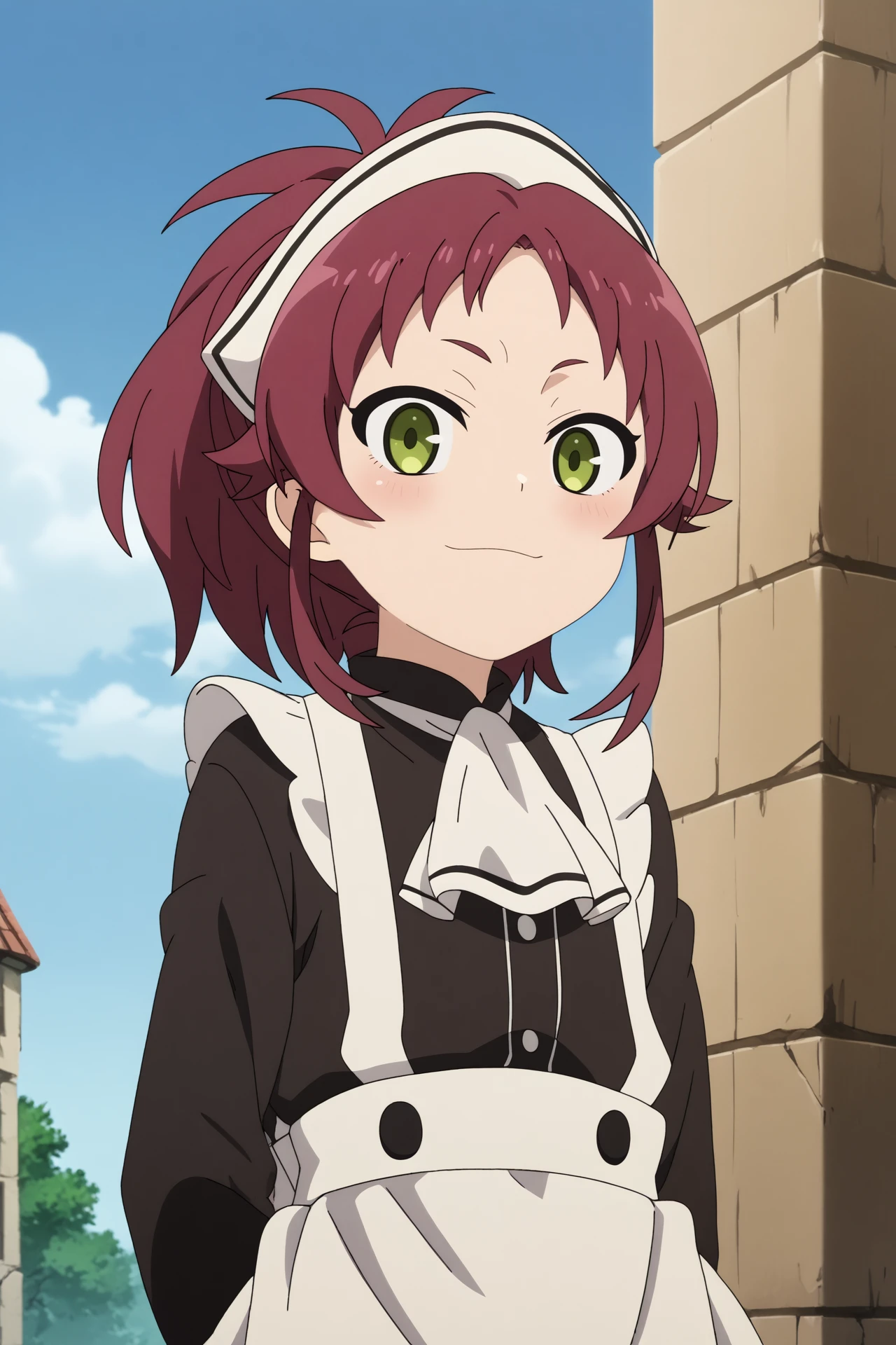 aisha greyrat,1girl,solo,looking_at_viewer,apron,maid,long sleeves,ascot,ponytail,maid headdress,smile
BREAK
outdoors,blue sky,sunshine,sun,old city,ruins

__randomizer89\usefull\poses3__,


<lora:Aisha_Greyrat_-_Mushokou_Tensei.safetensors:0.8>