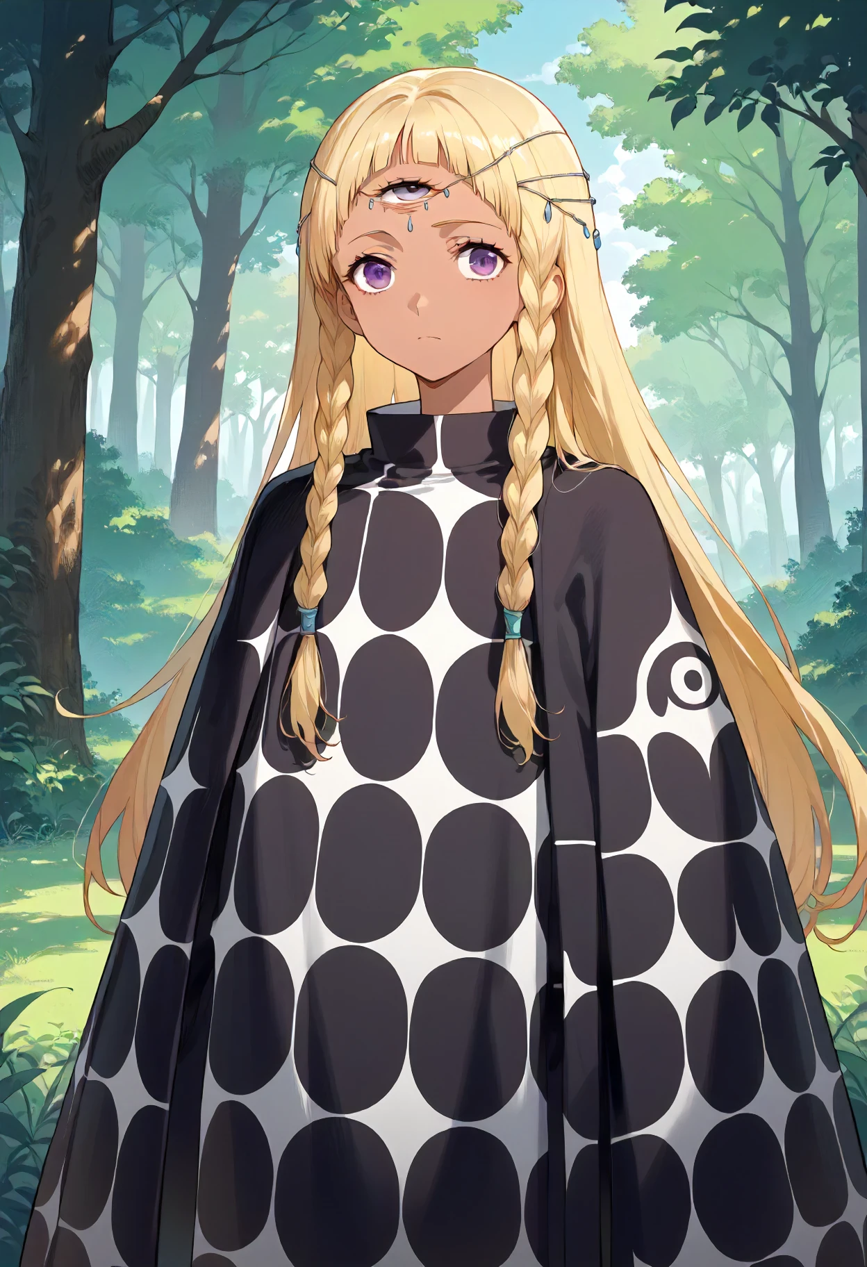 score_9, score_8_up, score_7_up, score_6_up, score_5_up, score_4_up, BREAK source_anime, masterpiece,
<lora:Eupha:1>, 1girl, solo, third eye, head chain, long hair, blonde hair, braids, light purple eyes, tan skin,
long tunic, black and white tunic, circle pattern tunic, portrait,
outdoors, forest,