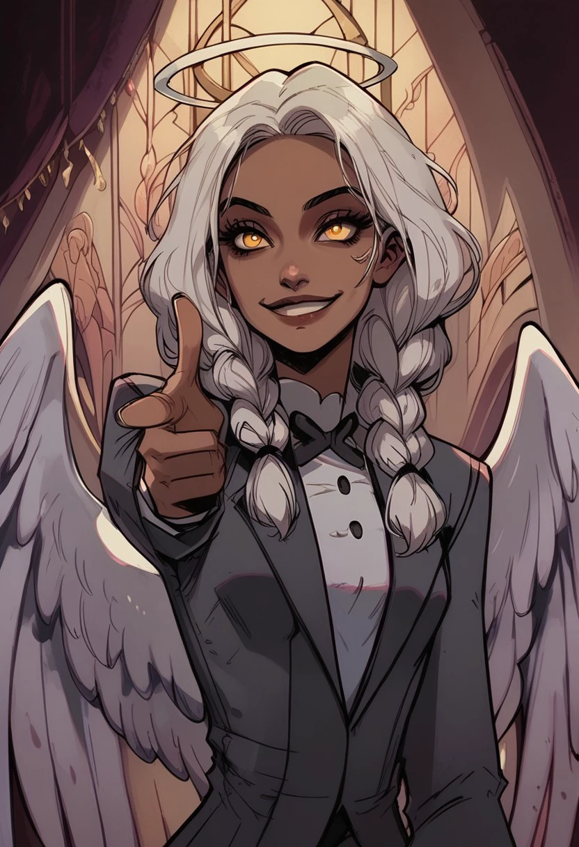 score_9, score_8_up, score_7_up, BREAK, 1woman portrait, beautiful, dramatic lights ((Angel, angel girl, dark skin, dark skinned female, white hair, twin braids, angel wings, feathered wings, suit, grey suit, yellow eyes,, upper body, happy, smile, closed mouth, joyfull, finger gun, pointing at viewer))