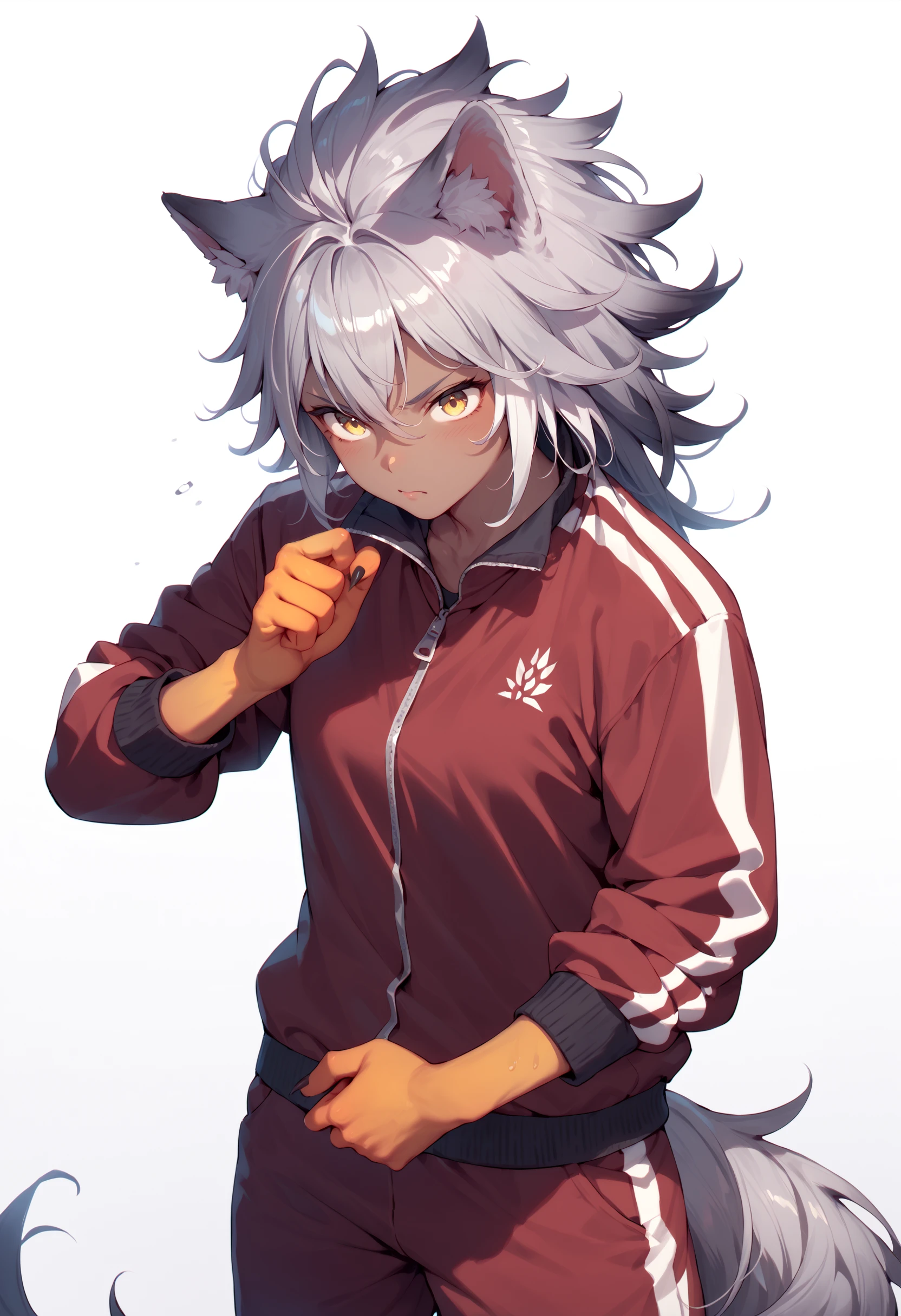 score_9, score_8_up, score_7_up, score_6_up, monster girl, wolf girl, wolf tail, multicolored hair, grey hair, yellow eyes, gradient skin, dark skin, <lora:BoleroMix_LycoExtract_r128:1:1:lbw=FXL_OUT12>, determined, track suit, spiked hair