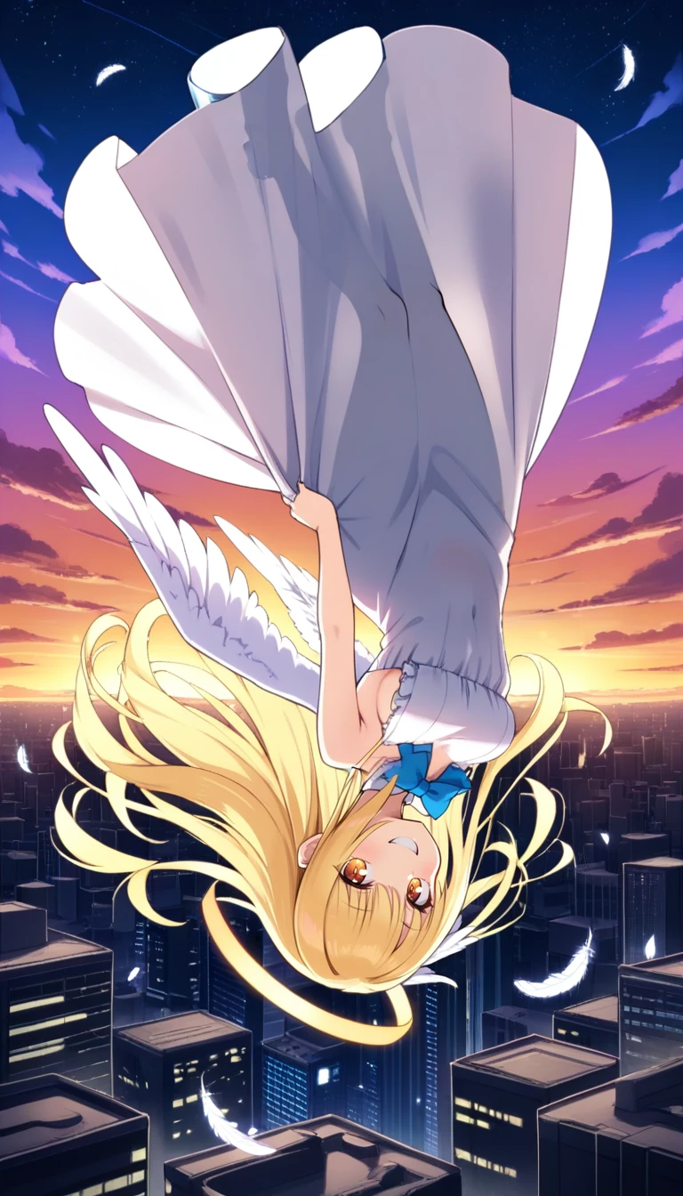 masterpiece, best quality,
1girl, upside-down, flying, white clothes, see-through, see-through silhouette, frilled dress, blue bow, angel wings, long skirt, angel, white spear, wind, long hair, blonde hair, orange eyes, city, cityscape, sky, evening, star \(sky\), cloud, horizon, full body, outdoors, skyscraper, medium breasts, white feathers, mechanical halo, oversized clothes, grin,