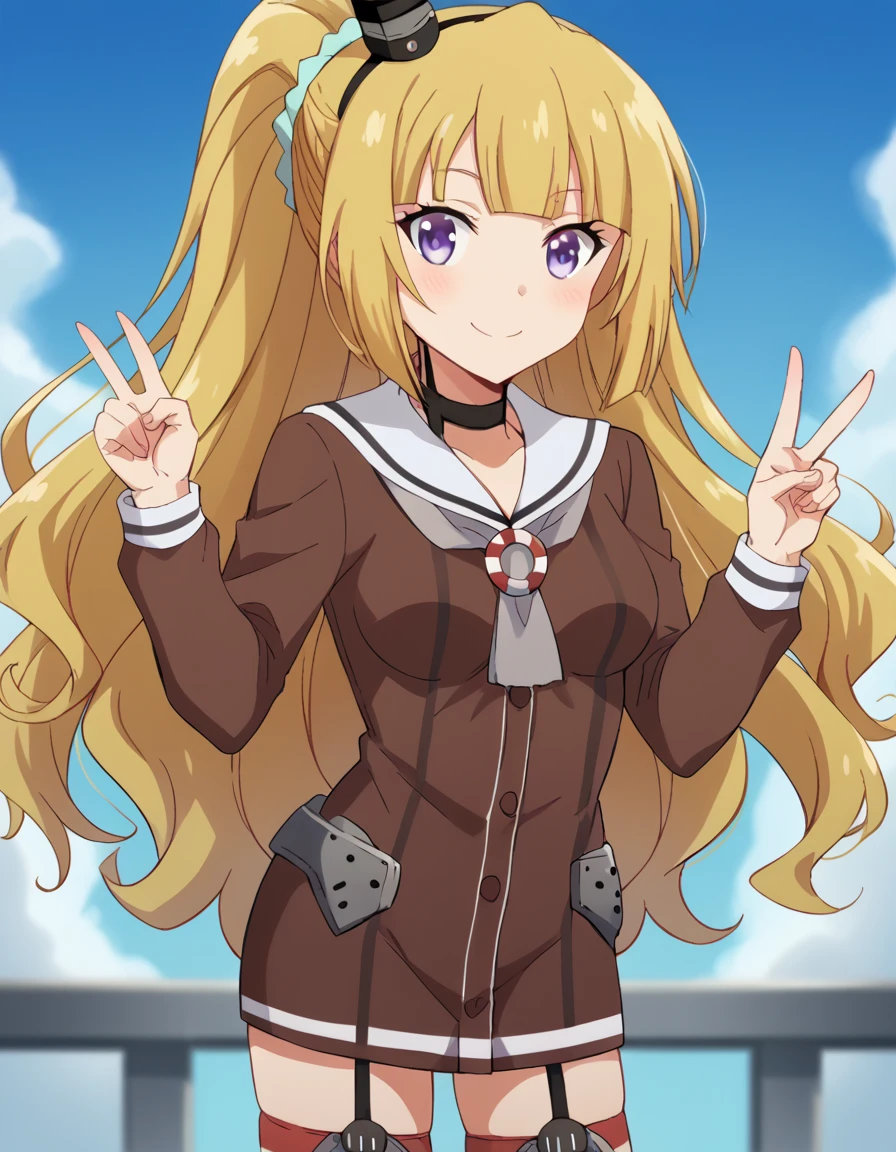 score_9, score_8_up, score_7_up, source_anime, keikaruizawa, <lora:kei-karuizawa-anime-s2-ponyxl-lora-nochekaiser:1>, kei karuizawa, long hair, bangs, blunt bangs, purple eyes, blonde hair, hair ornament, ponytail, scrunchie, blue scrunchie, medium breasts,, <lora:kancolle-amatsukaze-cosplay-ponyxl-lora-nochekaiser:1>, kancolle amatsukaze cosplay, amatsukaze (kancolle) (cosplay), lifebouy ornament, sailor dress, smokestack hair ornament, grey neckerchief, lifebouy, cosplay, garter straps, brown dress, striped thighhighs, mini hat, red thighhighs, short dress,, ocean, smile, blush, blue sky, v, cowboy shot, looking at viewer,