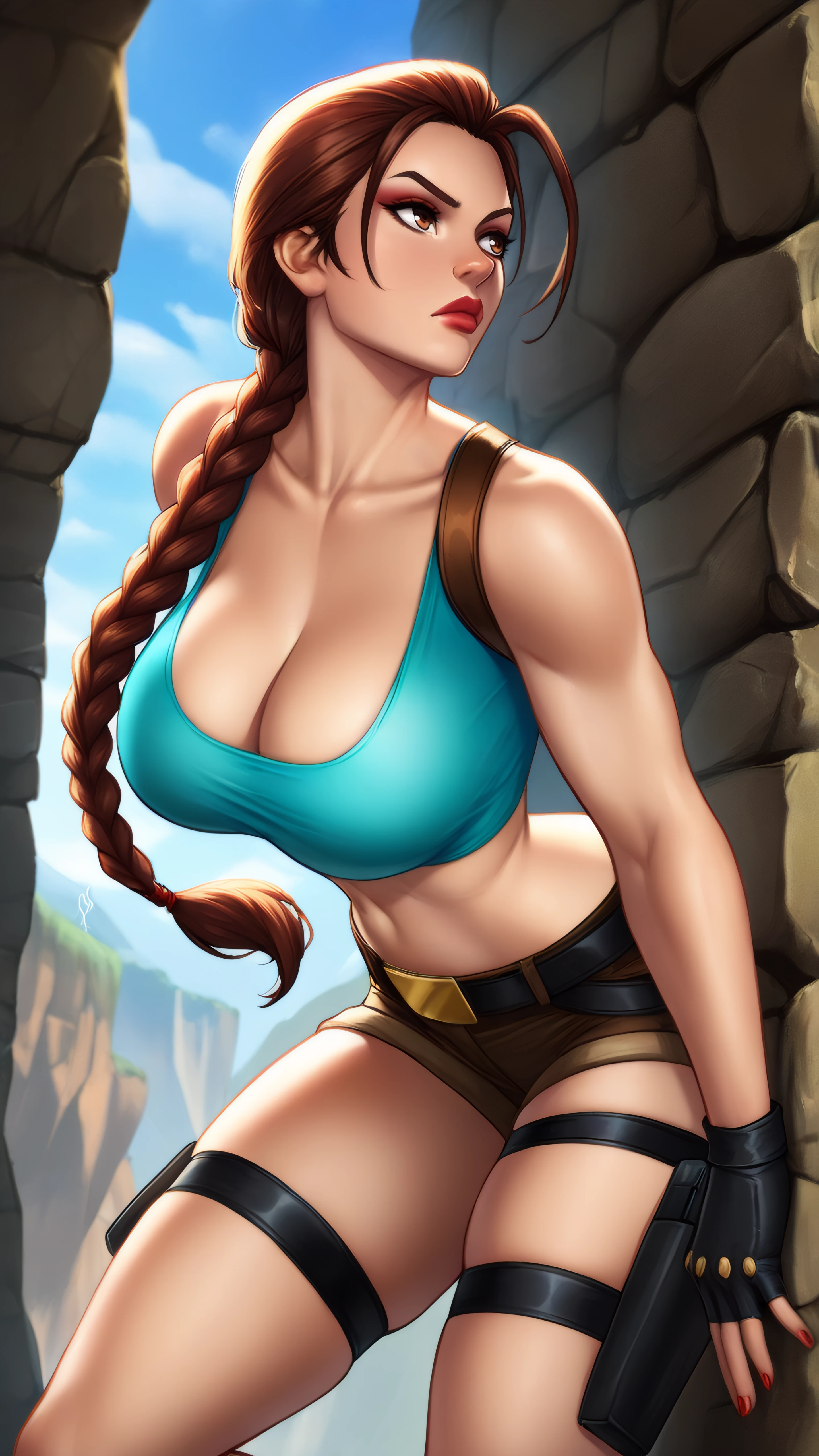 masterpiece, best quality, very aesthetic, absurdres, BREAK, 1girl, looking up,  cowboy shot,
<lora:LaraCroft_ClassicV2_Illu_Dwnsty:0.8>, lara_classic, brown eyes, brown hair, braided ponytail, long braid, blue tank top, short shorts, fingerless gloves, black gloves, thigh strap, thigh holster, belt, red nails, cleavage, lips, makeup, red lipstick, 
large breasts, lips, skindentation, narrow waist, 
outdoors, blue sky, cliff, hanging, climbing, from side, serious, midair, rock, against wall,