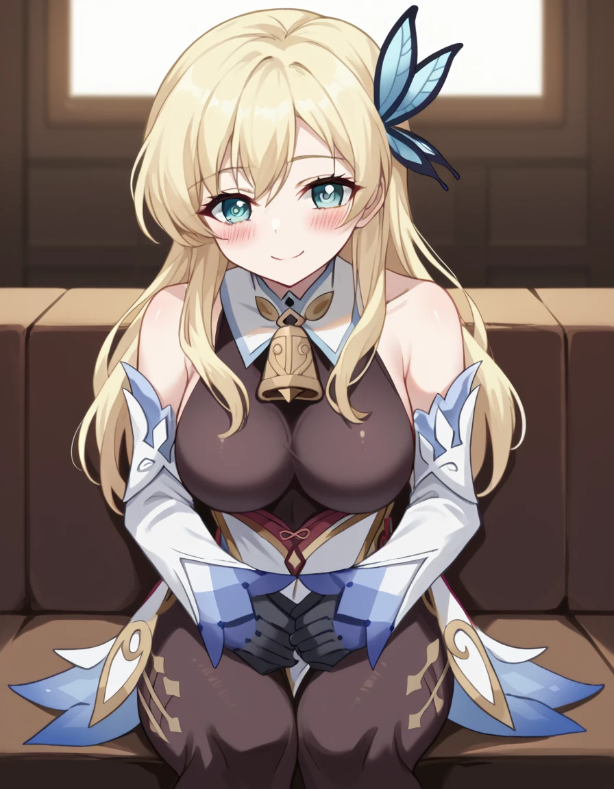 score_9, score_8_up, score_7_up, source_anime, <lora:sena-kashiwazaki-s2-ponyxl-lora-nochekaiser:1>, sena kashiwazaki, long hair, blonde hair, hair ornament, aqua eyes, butterfly hair ornament,, <lora:genshin-ganyu-cosplay-ponyxl-lora-nochekaiser:1>, genshin ganyu cosplay, ganyu (genshin impact) (cosplay), gloves, bare shoulders, detached sleeves, black gloves, bell, bodysuit, neck bell, black bodysuit, vision (genshin impact), bodystocking, cowbell, chinese knot,, indoors, sitting, smile, blush,, cowboy shot, looking at viewer