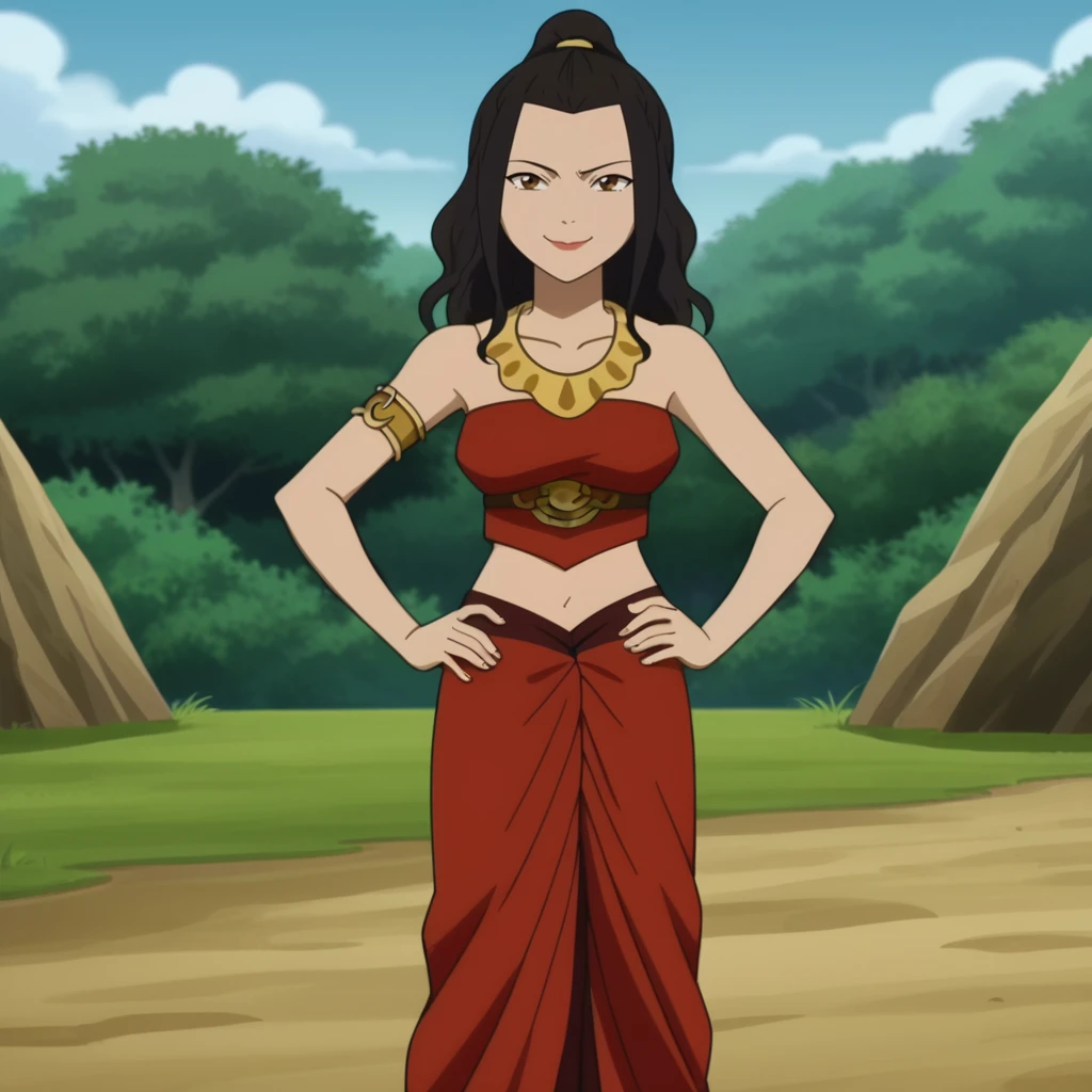 score_4_up, anime screencap, anime coloring, source_anime, <lora:Azula_Wavy_Hair:1>, azul4, 1girl, solo, black hair, bare shoulders, brown eyes, ponytail, wavy hair, armlet, crop top, sarong, midriff, sandals, toeless footwear,  long skirt,  sleeveless, full body, looking at viewer, hand on own hip, smile, closed mouth,