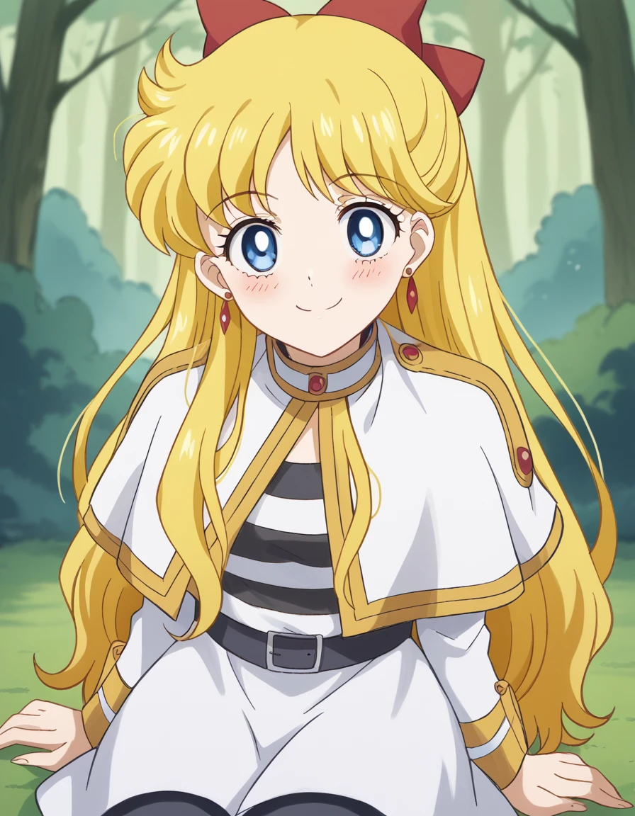 score_9, score_8_up, score_7_up, source_anime, <lora:minako-aino-eternal-movie1-ponyxl-lora-nochekaiser:1>, minako aino, blonde hair, blue eyes, bow, hair bow, half updo, long hair, red bow, tiara,, <lora:frieren-cosplay-ponyxl-lora-nochekaiser:1>, frieren cosplay, frieren (cosplay), shirt, long sleeves, jewelry, pantyhose, earrings, striped, black pantyhose, capelet, striped shirt, skirt, white skirt,, forest, sitting, smile, blush, cowboy shot, looking at viewer