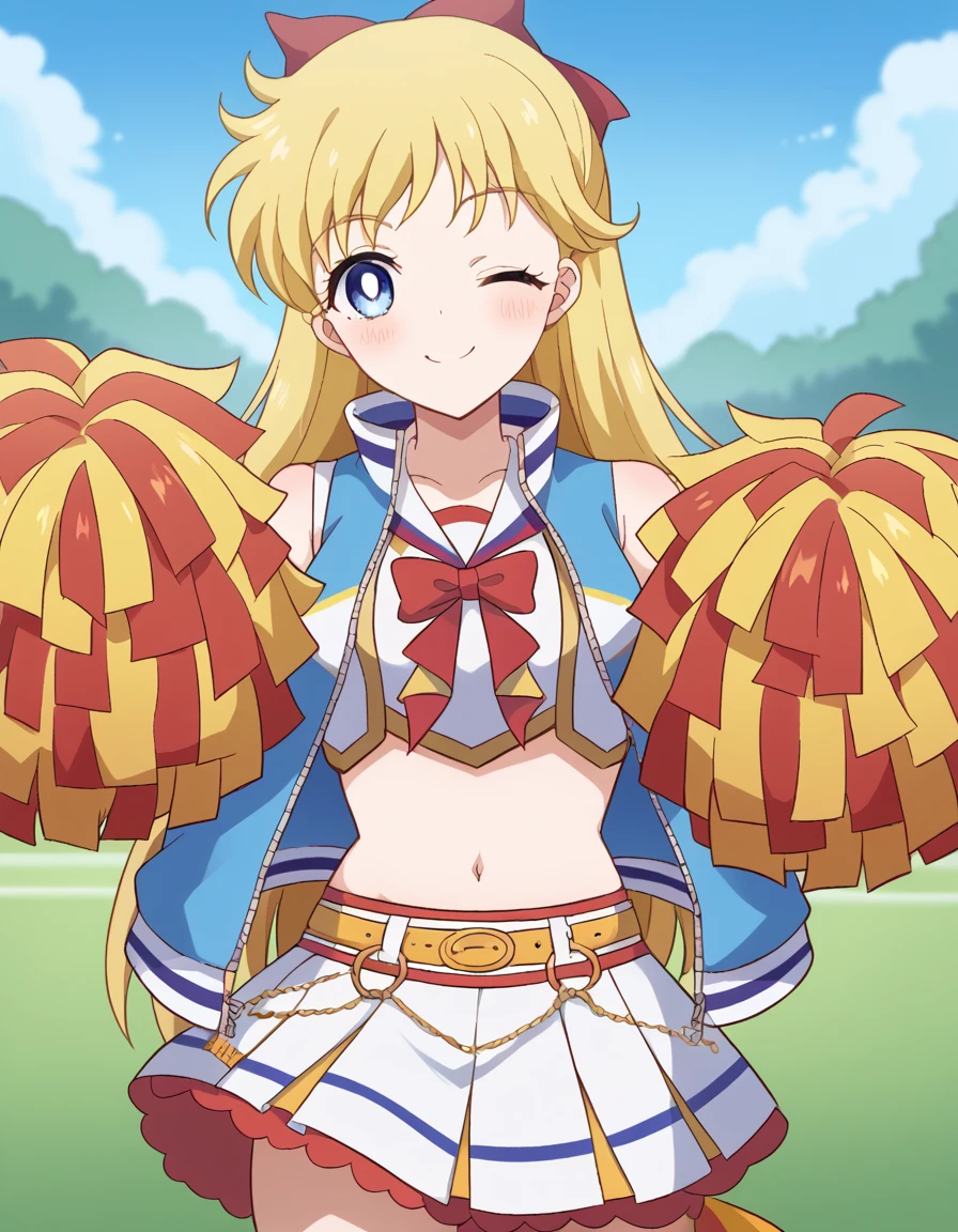 score_9, score_8_up, score_7_up, source_anime, <lora:minako-aino-eternal-movie1-ponyxl-lora-nochekaiser:1>, minako aino, blonde hair, blue eyes, bow, hair bow, half updo, long hair, red bow, tiara,, <lora:umamusume-nice-nature-cosplay-ponyxl-lora-nochekaiser:1>, umamusume nice nature cosplay, nice nature (umamusume) (cosplay), pom pom (cheerleading), cheerleader, holding pom poms, cosplay, yellow belt, white skirt, midriff, blue jacket, navel, shirt, sleeveless shirt, sleeveless,, outdoors, smile, one eye closed, blush, cowboy shot, looking at viewer