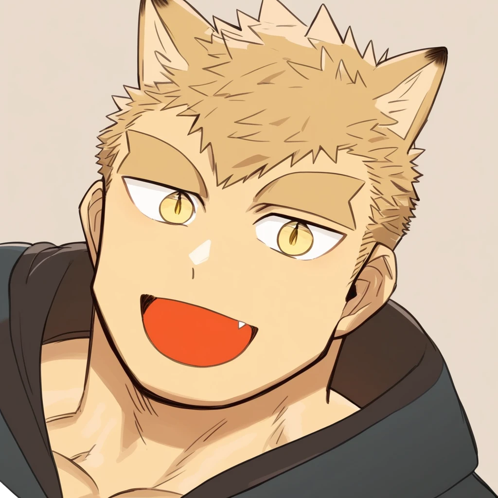 best quality, extremely detailed,highres, detailed beautiful face, detailed beautiful eyes, perfect anatomy, perfect proportions,high_resolution, good color, bright skin, counter-shading, uncensored, 1boy, solo, male focus, short hair, blonde hair, yellow eyes, bara, muscular, thick eyebrows, fang, dog boy, animal ears, dog ears, simple_background, looking at the viewer,