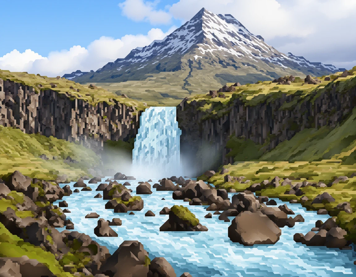 <lora:51gg1_06F1D-000010:1.0>,51gg1 style,a mountain with a waterfall and a stream cascading by, rapids in foreground,detailed,vector art,colorful,digital art