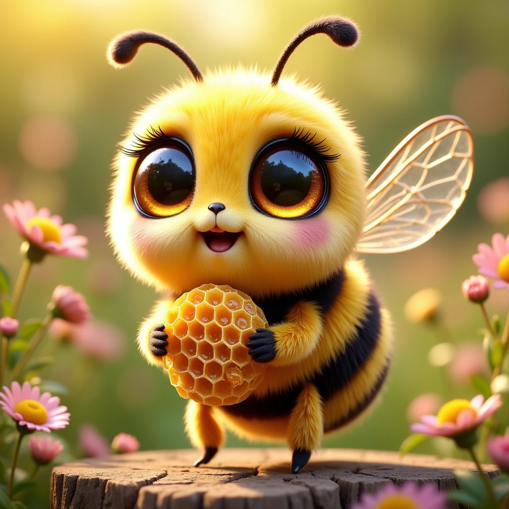 pam-swtvrld happy bee holding a honeycomb in a garden background with flowers and warm light.