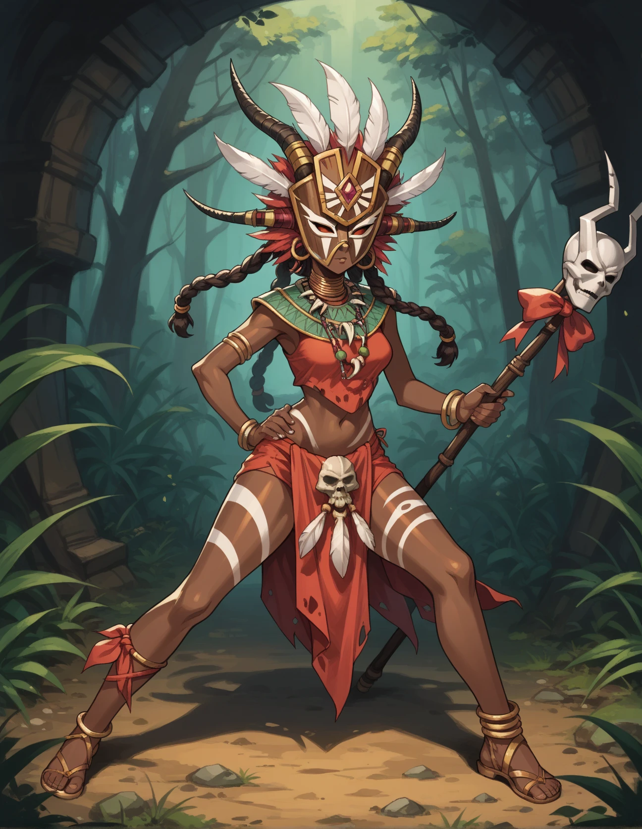 score_9, score_8_up, score_7_up, score_6_up, score_5_up, score_4_up, Legs apart, one hand on her hip and the other raised as if holding a bow, she channels the spirit of a legendary warrior, hud_d3witchdoctor, 1girl, shirt, skirt, jewelry, necklace, mask, tribal, staff<lora:diablo_withdoctor-000008:0.7>