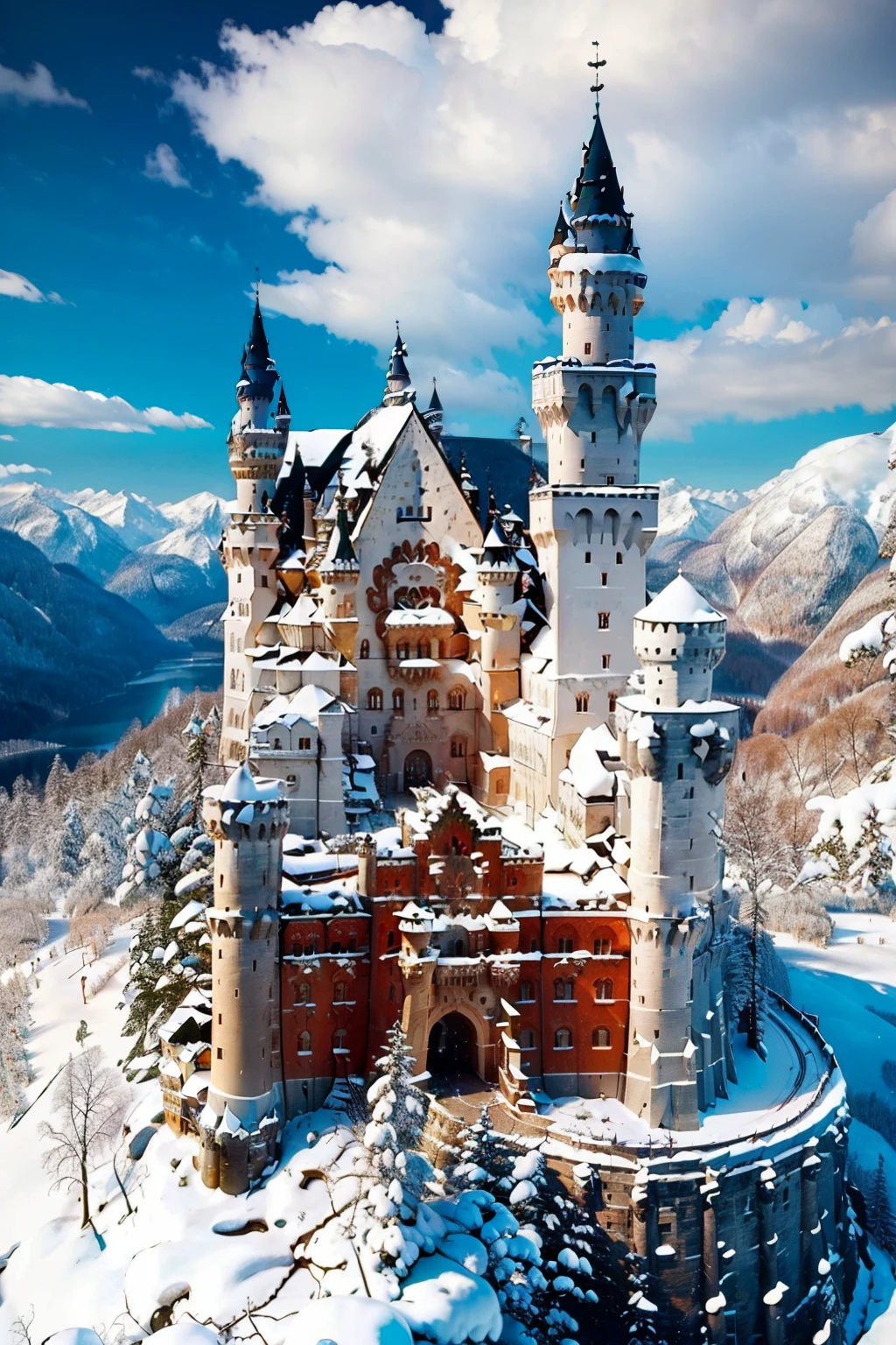 ((masterpiece, best quality)), <lora:Neuschwanstein_Castle:0.8>, high resolution, highly detailed,    Neuschwanstein Castle, day, cloud, tree, blue sky, traditional media, cloudy sky, snow, mountain, winter, pine tree