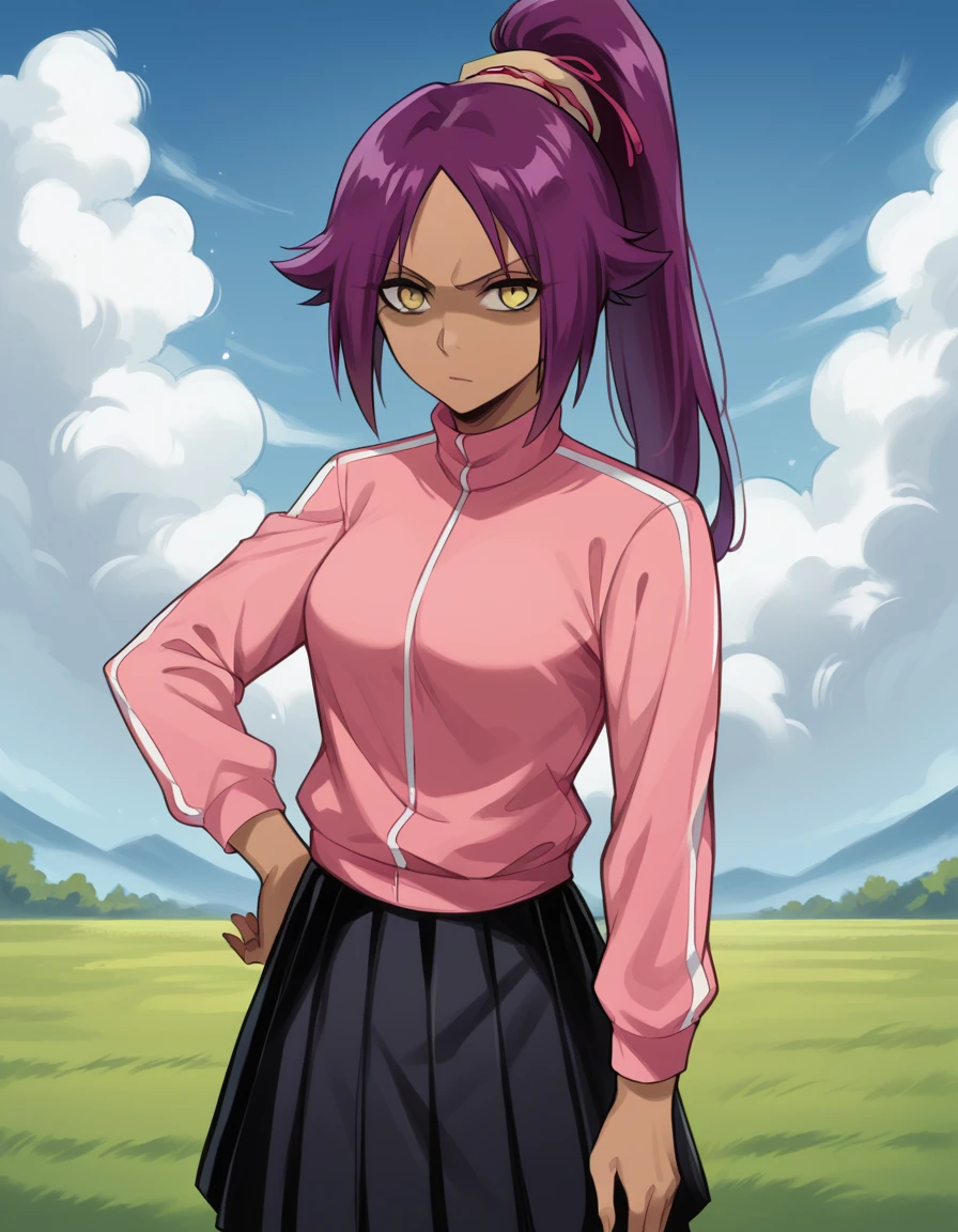 score_9, score_8_up, score_7_up, source_anime, <lora:yoruichi-shihouin-ponyxl-lora-nochekaiser:1> yoruichi shihouin, long hair, yellow eyes, ponytail, purple hair, dark skin, dark-skinned female, medium breasts, <lora:gotoh-hitori-cosplay-ponyxl-lora-nochekaiser:1>, gotoh hitori cosplay, gotoh hitori (cosplay), pink track suit, cube hair ornament, pink jacket, track jacket, cosplay, skirt, black skirt, pleated skirt,, shaded face, averting eyes,, cowboy shot,