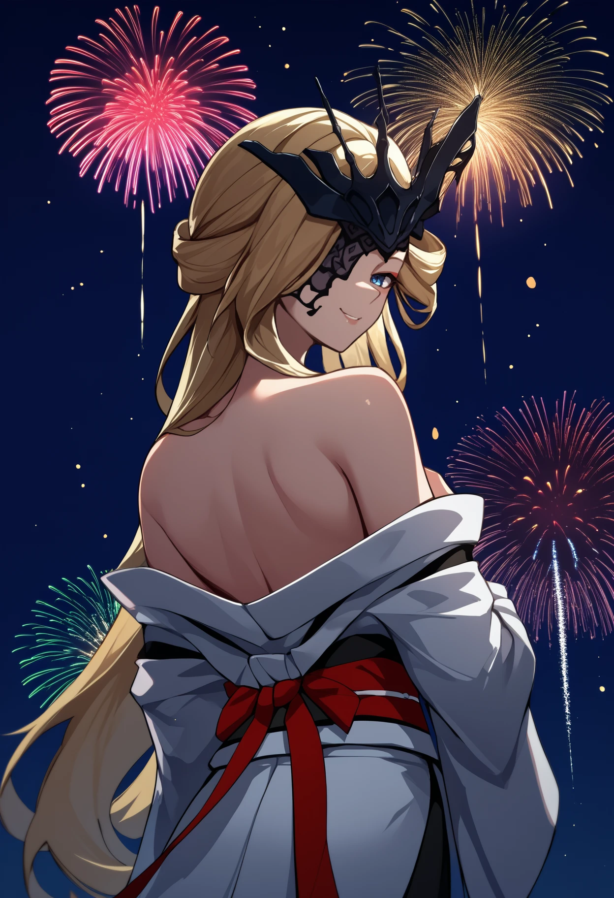 score_9, score_8_up, score_7_up, source_anime, <break> from behind, solo, 1girl, sign0ra, makeup, smile, looking back, long hair, blonde hair, blue eyes, black mask, half mask, one eye covered, japanese clothes, white kimono, off shoulder, red sash, bare shoulders, fireworks
<segment:yolo-face_yolov8m.pt,0.4,0.5//cid=1>