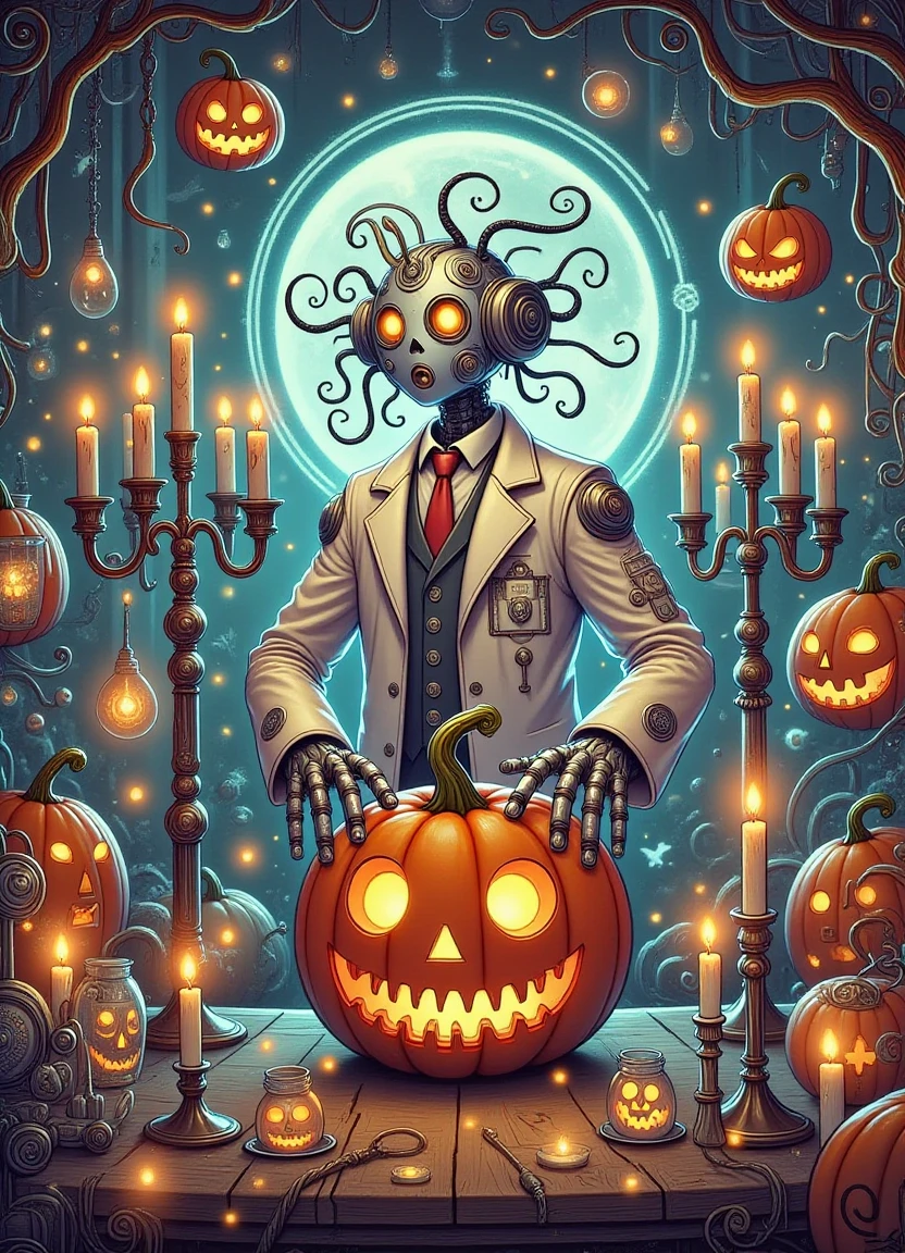 A surreal and mysterious laboratory hidden deep within a haunted pumpkin patch at dusk, where a robotic photographer captures the image of an eccentric mad scientist, surrounded by a chuckle-inducing jack-o'-lantern carving with candles aglow amidst a spooky candlelit candelabras setup in front of his mac 'n' cheese filled lab.