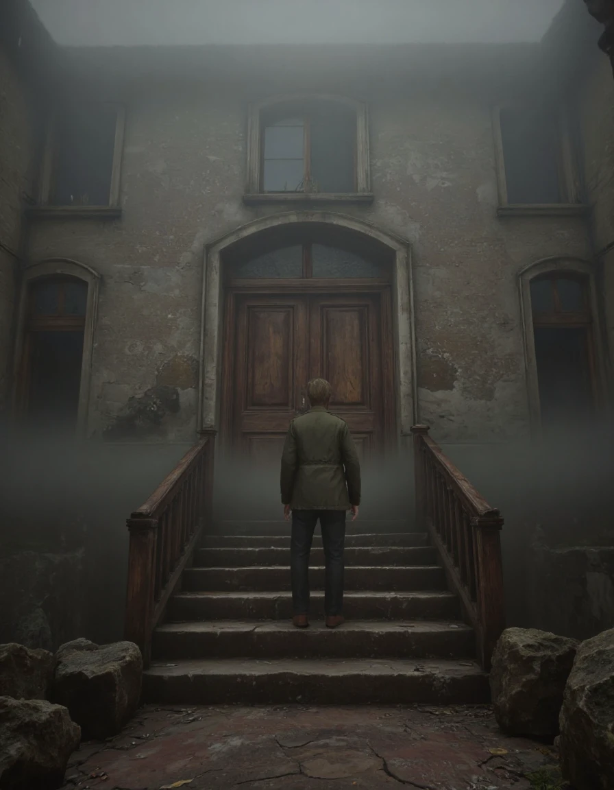 DSCF0001-9999.JPG, Sil_Hill_RE_STYLE, This image is a dark, moody CGI rendering in a horror-themed setting, from the game Silent Hill 2, depicting the eerie entrance to the Historical Society. The old, weathered building is covered in fog, with cracked stone steps leading to heavy wooden doors. The faint sound of distant water dripping echoes through the mist. The atmosphere is heavy with history and darkness, as if the building itself is hiding terrible secrets within its walls, waiting for James Sunderland to uncover them.