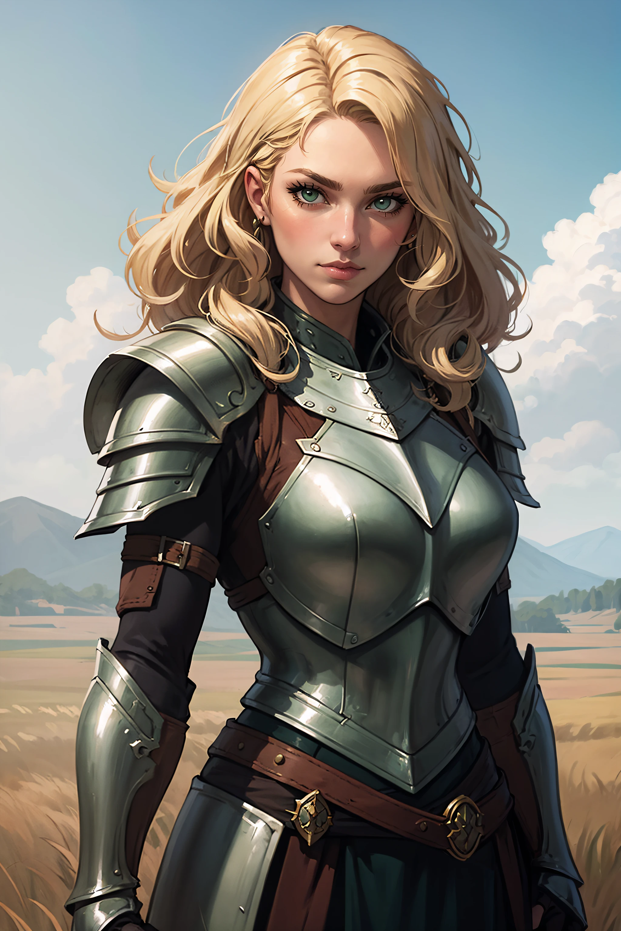 (masterpiece, highest quality, illustration), fantasy, epic, close-up, upper body, solo, woman, warrior, long blonde hair, curly hair green eyes, armor, facing the viewer, standing, plains, battlefield