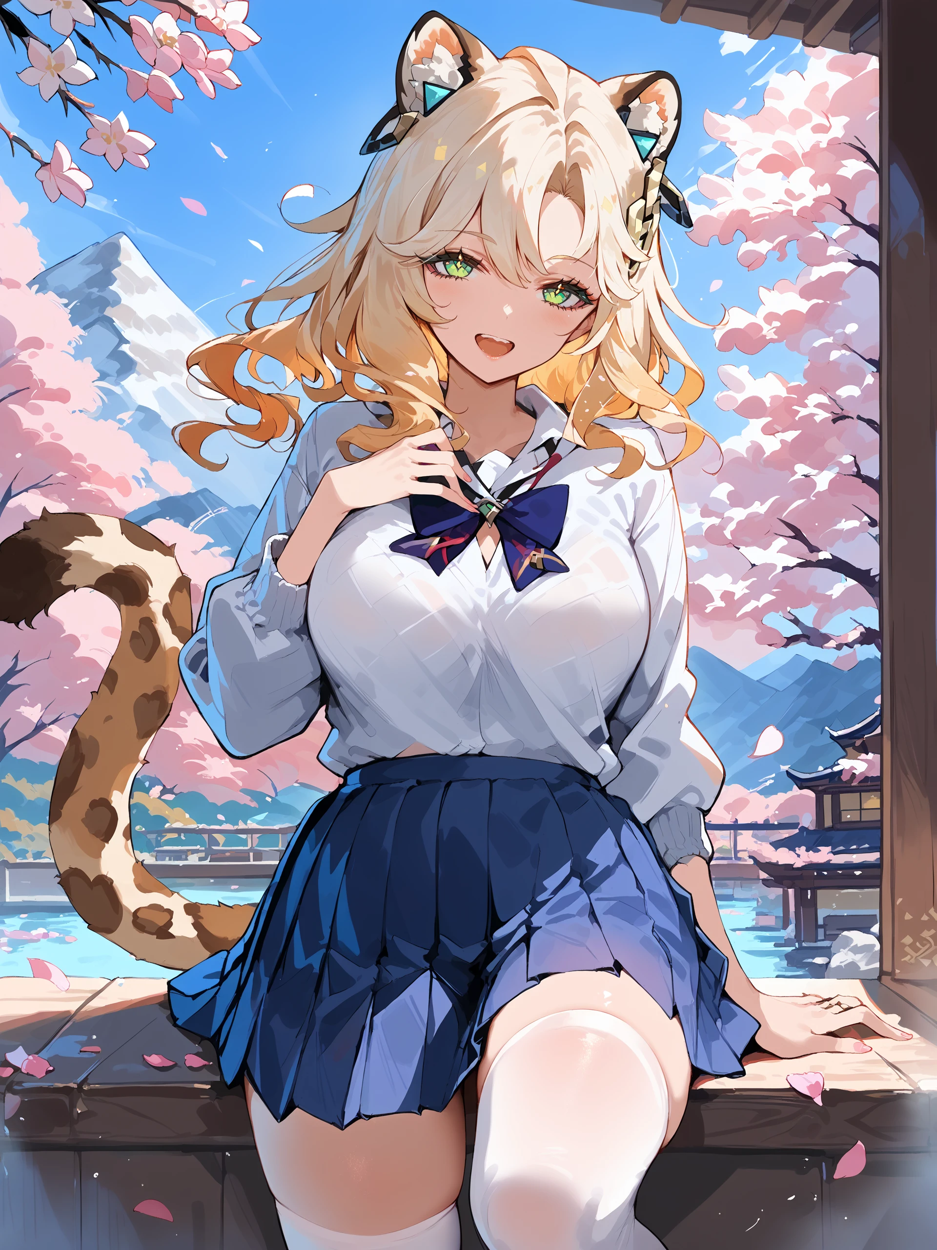 1girl, xilonen \(genshin impact\), solo, school uniform, white shirt, sweater, pleated skirt, white thighhighs, smile, open mouth, looking at viewer, outdoors, mountain, scenery, cherry blossoms, petals, depth of field, tail <lora:Char-Genshin-Xilonen-V1-Pony:0.9>, score_9, score_8_up, score_7_up, source_anime