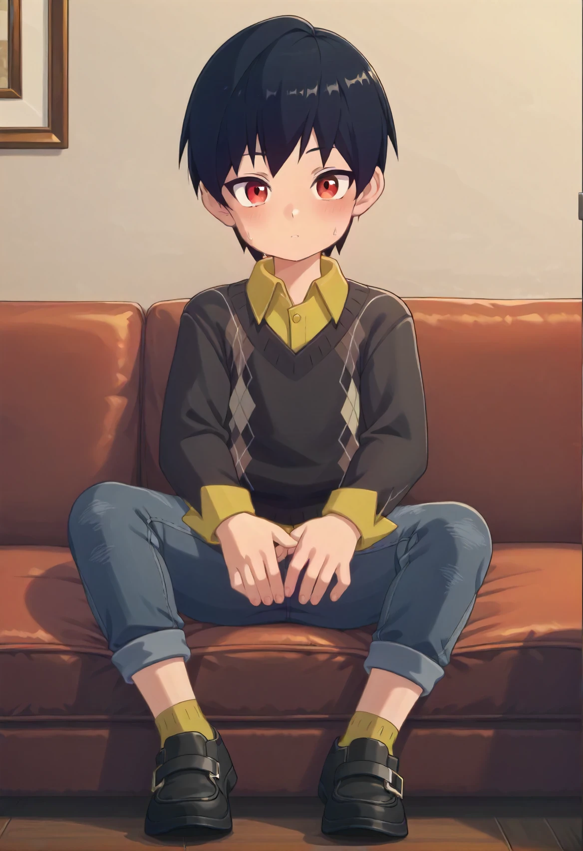 score_9, score_8_up, score_7_up, score_6_up, score_5_up, score_4_up, BREAK source_anime, masterpiece,
1boy, solo, child, male child, medium hair, black hair, red eyes, 
yellow collared shirt, brown jersey, ragged jeans, cuffed jeans, yellow socks, black boots, 
looking at viewer, sitting, curious look,
indoors, living room, sofa,
 <lora:Shawn_from_ZZZ_Zenless_Zone_Zero_Pony:1>